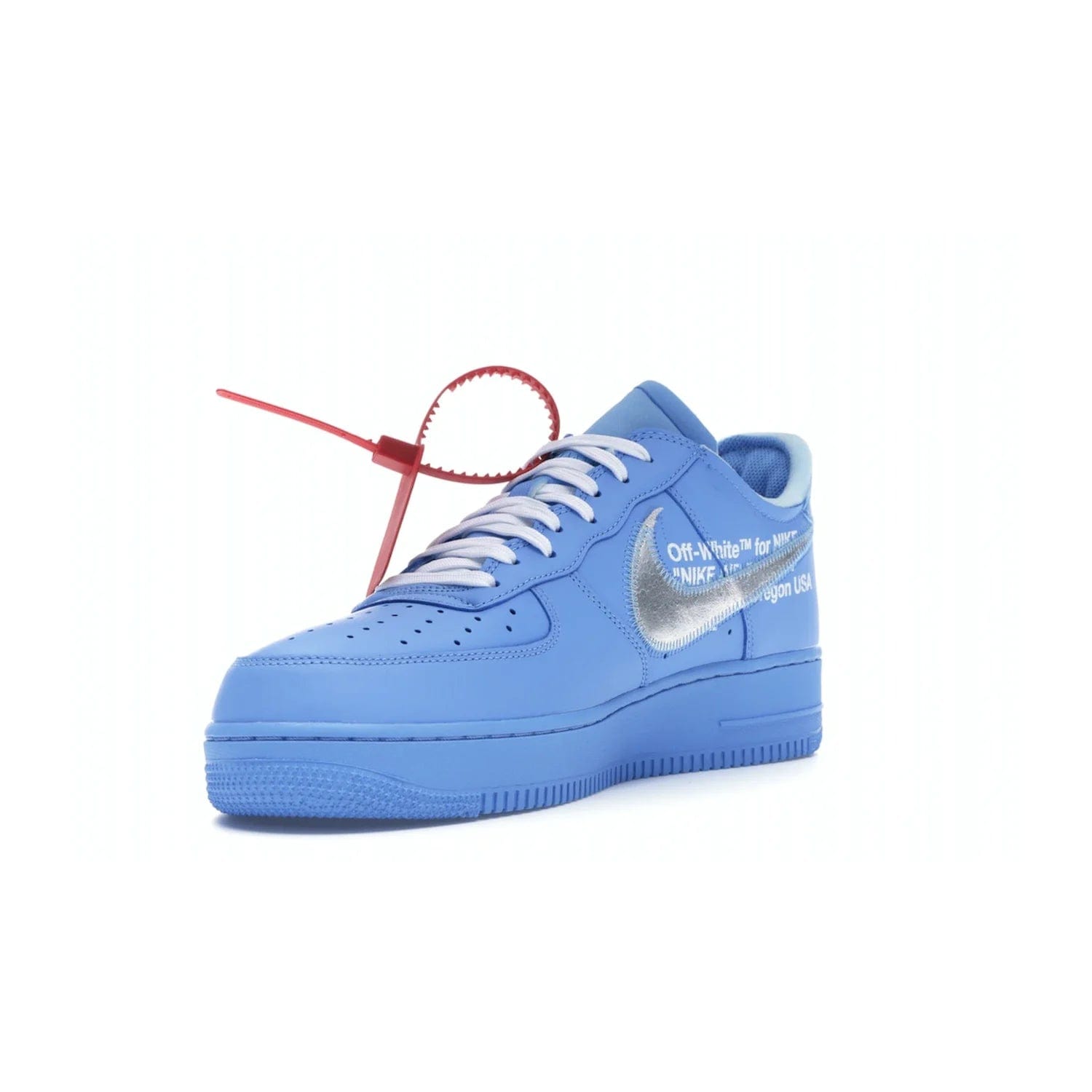 Nike Air Force 1 Low Off-White MCA University Blue - Image 14 - Only at www.BallersClubKickz.com - Virgil Abloh's Air Force 1 Low Off-White MCA University Blue: Features University Blue leather and midsole, reflective silver Nike Swoosh, red zip tie, white laces, and iconic Off-White™ branding. A must-have for any Virgil Abloh enthusiast.