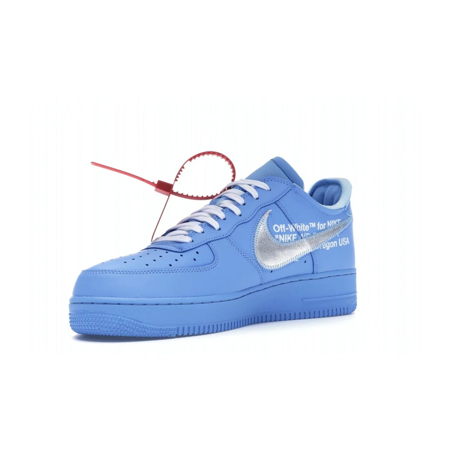 Nike Air Force 1 Low Off-White MCA University Blue - Image 15 - Only at www.BallersClubKickz.com - Virgil Abloh's Air Force 1 Low Off-White MCA University Blue: Features University Blue leather and midsole, reflective silver Nike Swoosh, red zip tie, white laces, and iconic Off-White™ branding. A must-have for any Virgil Abloh enthusiast.