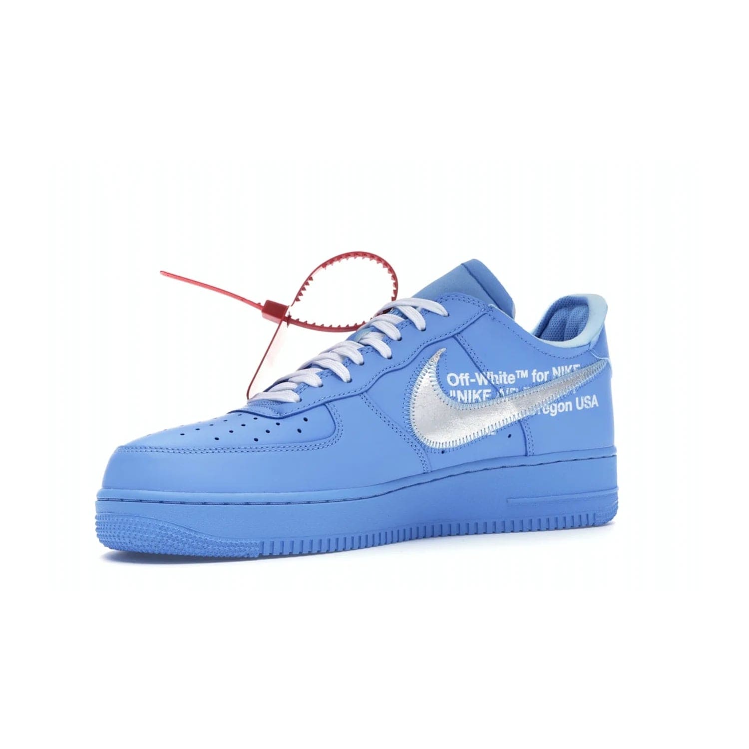 Nike Air Force 1 Low Off-White MCA University Blue - Image 16 - Only at www.BallersClubKickz.com - Virgil Abloh's Air Force 1 Low Off-White MCA University Blue: Features University Blue leather and midsole, reflective silver Nike Swoosh, red zip tie, white laces, and iconic Off-White™ branding. A must-have for any Virgil Abloh enthusiast.