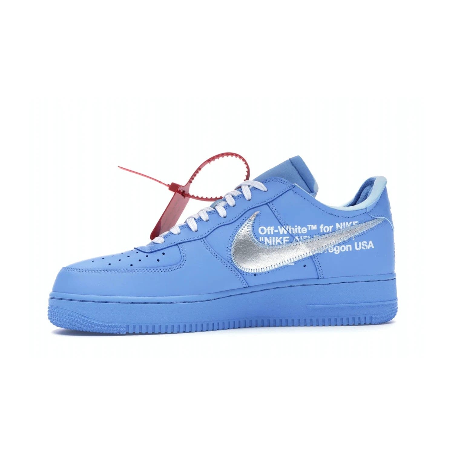 Nike Air Force 1 Low Off-White MCA University Blue - Image 18 - Only at www.BallersClubKickz.com - Virgil Abloh's Air Force 1 Low Off-White MCA University Blue: Features University Blue leather and midsole, reflective silver Nike Swoosh, red zip tie, white laces, and iconic Off-White™ branding. A must-have for any Virgil Abloh enthusiast.
