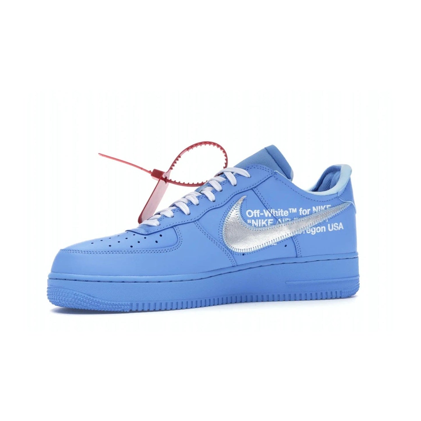 Nike Air Force 1 Low Off-White MCA University Blue - Image 17 - Only at www.BallersClubKickz.com - Virgil Abloh's Air Force 1 Low Off-White MCA University Blue: Features University Blue leather and midsole, reflective silver Nike Swoosh, red zip tie, white laces, and iconic Off-White™ branding. A must-have for any Virgil Abloh enthusiast.