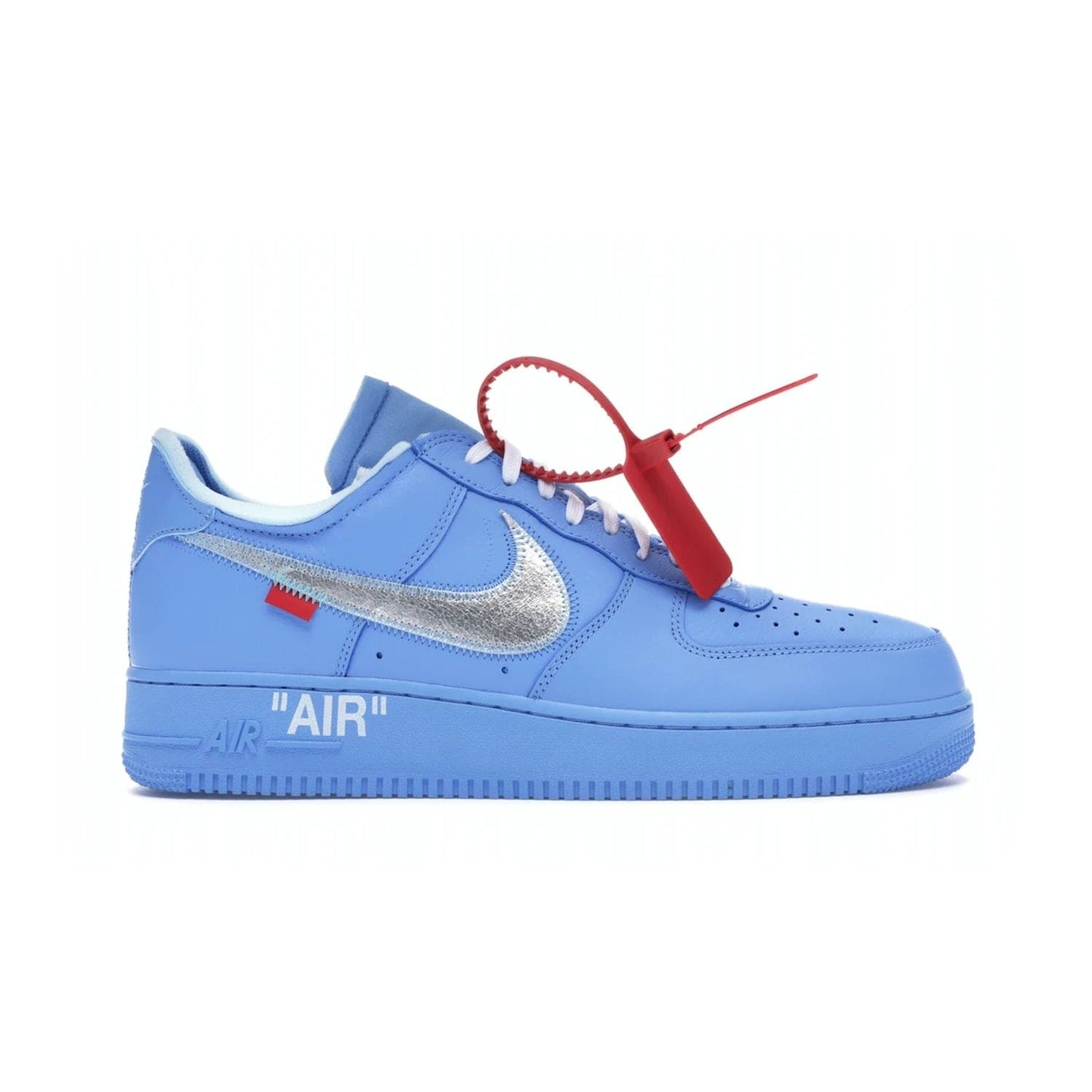 Nike Air Force 1 Low Off-White MCA University Blue - Image 1 - Only at www.BallersClubKickz.com - Virgil Abloh's Air Force 1 Low Off-White MCA University Blue: Features University Blue leather and midsole, reflective silver Nike Swoosh, red zip tie, white laces, and iconic Off-White™ branding. A must-have for any Virgil Abloh enthusiast.