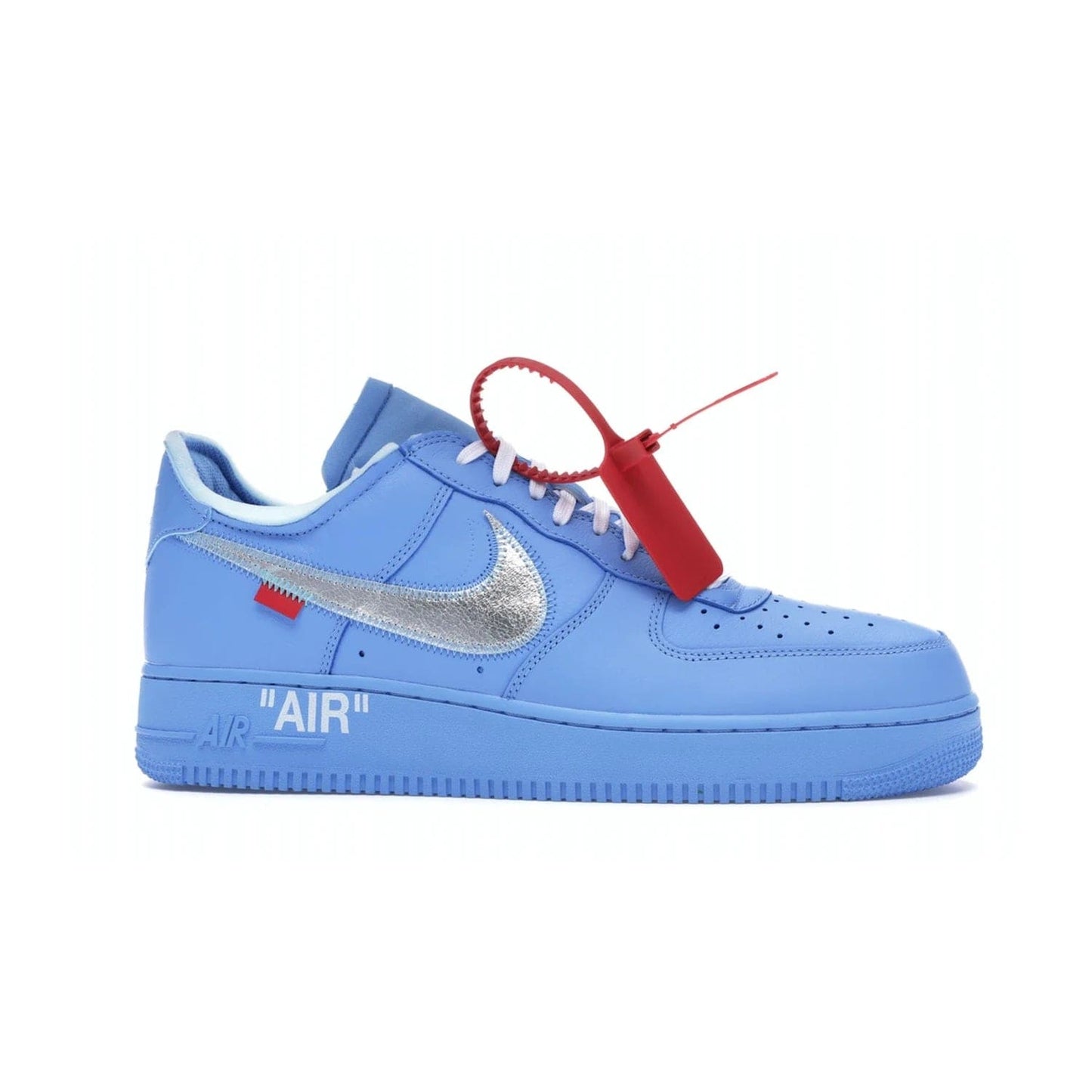 Nike Air Force 1 Low Off-White MCA University Blue - Image 2 - Only at www.BallersClubKickz.com - Virgil Abloh's Air Force 1 Low Off-White MCA University Blue: Features University Blue leather and midsole, reflective silver Nike Swoosh, red zip tie, white laces, and iconic Off-White™ branding. A must-have for any Virgil Abloh enthusiast.