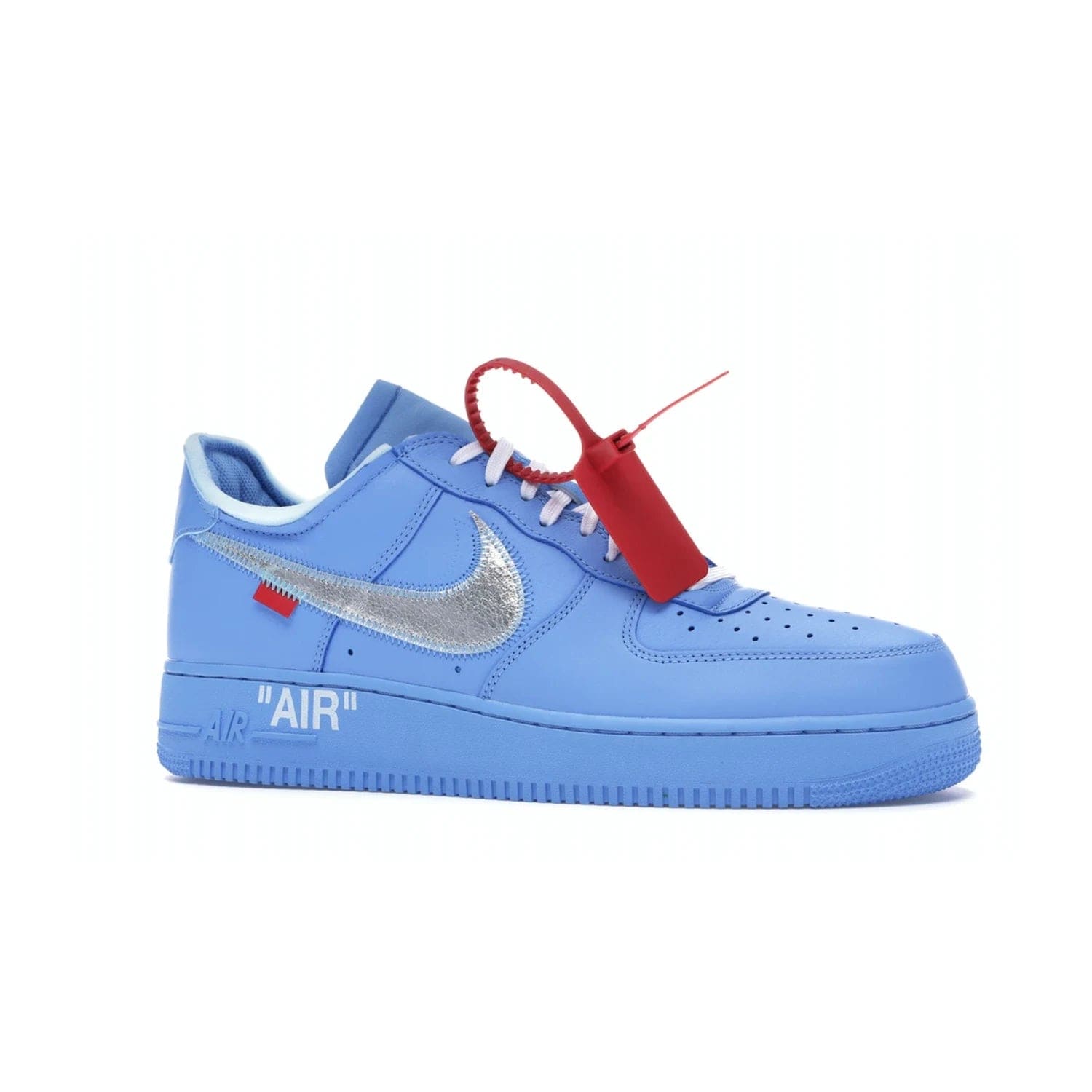 Nike Air Force 1 Low Off-White MCA University Blue - Image 3 - Only at www.BallersClubKickz.com - Virgil Abloh's Air Force 1 Low Off-White MCA University Blue: Features University Blue leather and midsole, reflective silver Nike Swoosh, red zip tie, white laces, and iconic Off-White™ branding. A must-have for any Virgil Abloh enthusiast.