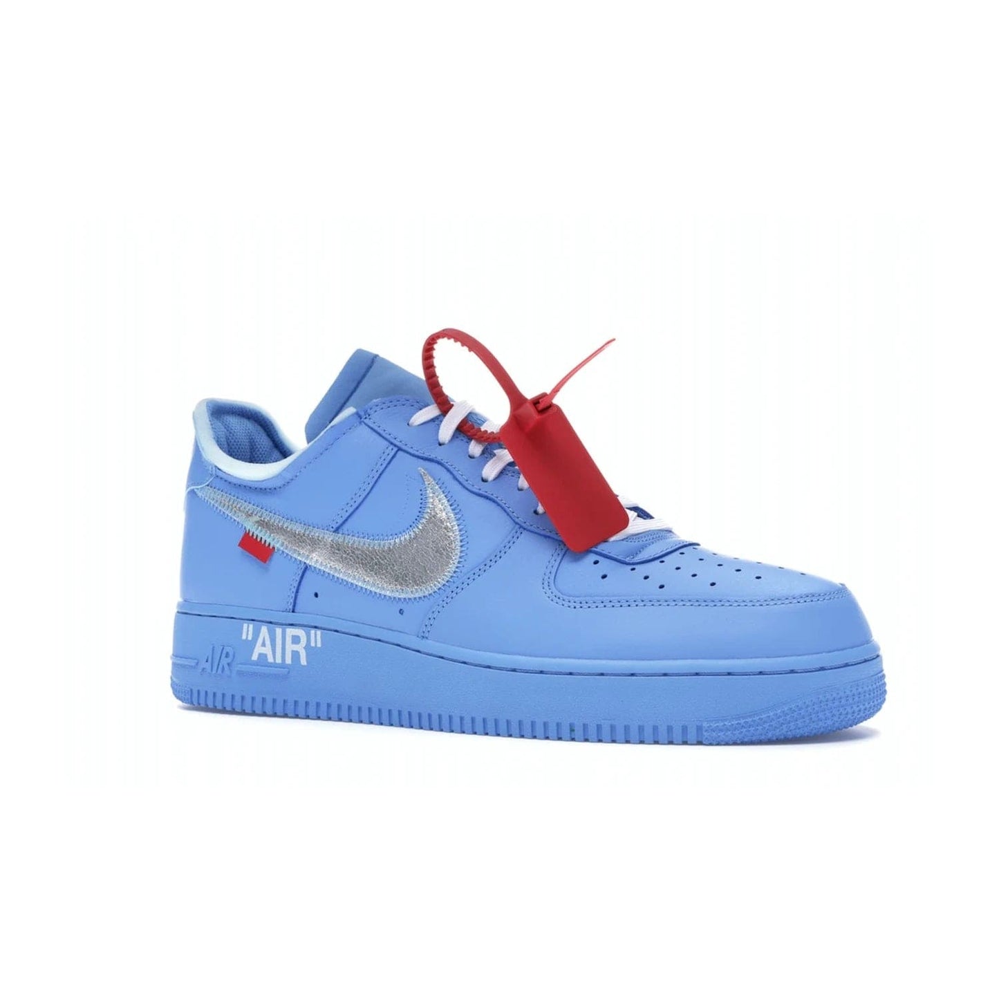 Nike Air Force 1 Low Off-White MCA University Blue - Image 4 - Only at www.BallersClubKickz.com - Virgil Abloh's Air Force 1 Low Off-White MCA University Blue: Features University Blue leather and midsole, reflective silver Nike Swoosh, red zip tie, white laces, and iconic Off-White™ branding. A must-have for any Virgil Abloh enthusiast.