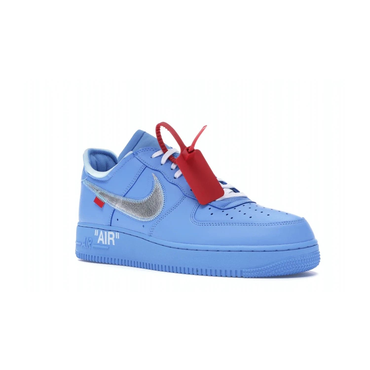 Nike Air Force 1 Low Off-White MCA University Blue - Image 5 - Only at www.BallersClubKickz.com - Virgil Abloh's Air Force 1 Low Off-White MCA University Blue: Features University Blue leather and midsole, reflective silver Nike Swoosh, red zip tie, white laces, and iconic Off-White™ branding. A must-have for any Virgil Abloh enthusiast.