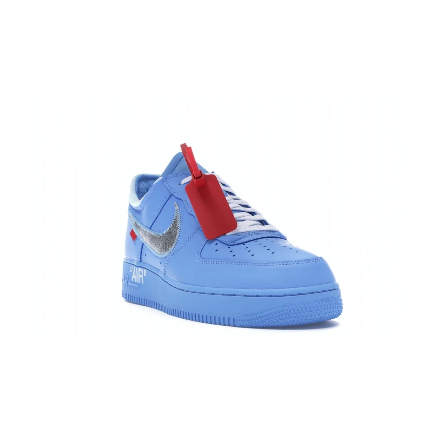 Nike Air Force 1 Low Off-White MCA University Blue - Image 7 - Only at www.BallersClubKickz.com - Virgil Abloh's Air Force 1 Low Off-White MCA University Blue: Features University Blue leather and midsole, reflective silver Nike Swoosh, red zip tie, white laces, and iconic Off-White™ branding. A must-have for any Virgil Abloh enthusiast.
