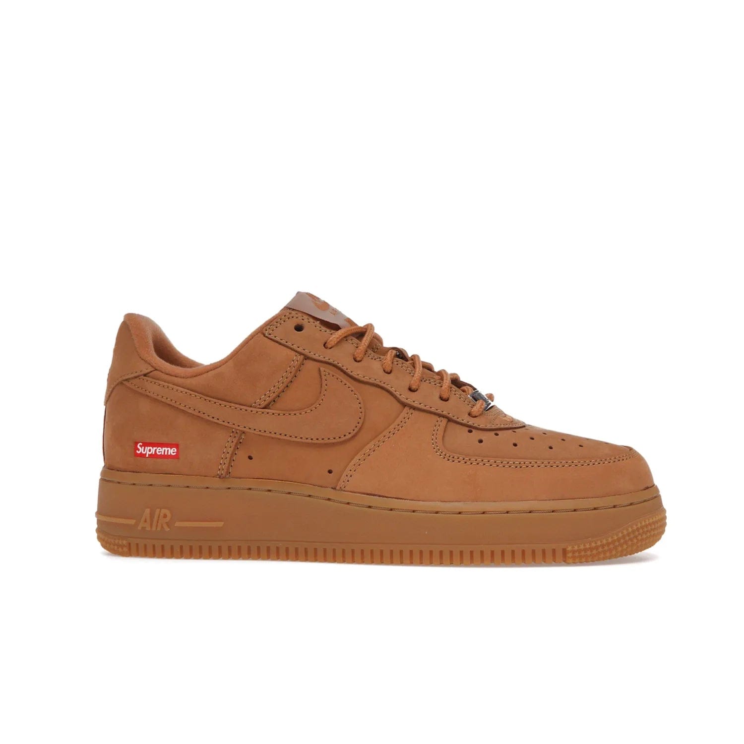 Nike Air Force 1 Low SP Supreme Wheat - Image 2 - Only at www.BallersClubKickz.com - A luxe Flax Durabuck upper and Supreme Box Logo insignias on the lateral heels make the Nike Air Force 1 Low SP Supreme Wheat a stylish lifestyle shoe. Matching Flax Air sole adds a classic touch to this collaboration between Nike and Supreme. Make a statement with this edition of the classic Air Force 1 Low.