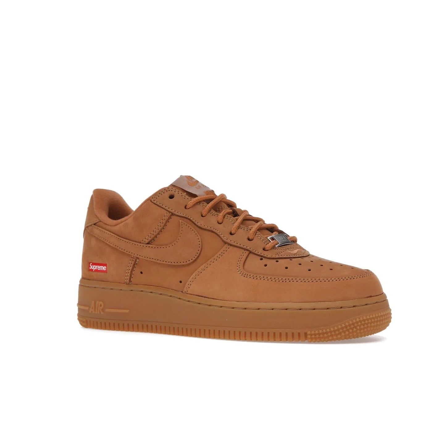Nike Air Force 1 Low SP Supreme Wheat - Image 4 - Only at www.BallersClubKickz.com - A luxe Flax Durabuck upper and Supreme Box Logo insignias on the lateral heels make the Nike Air Force 1 Low SP Supreme Wheat a stylish lifestyle shoe. Matching Flax Air sole adds a classic touch to this collaboration between Nike and Supreme. Make a statement with this edition of the classic Air Force 1 Low.