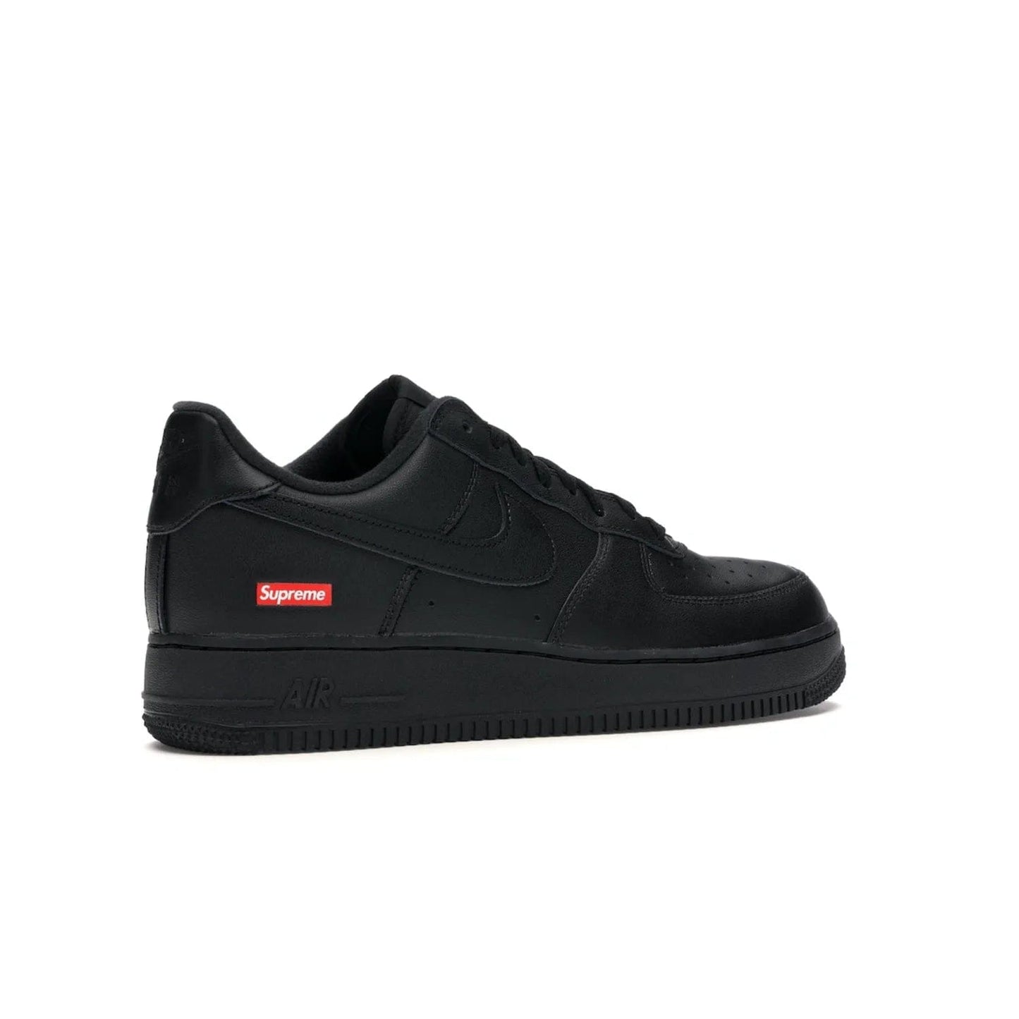 Nike Air Force 1 Low Supreme Black - Image 34 - Only at www.BallersClubKickz.com - Iconic style meets classic black design in the Nike Air Force 1 Low Supreme Black. Featuring a luxe leather upper and red Supreme Box Logo at the heel, these sneakers released in March 2020, and now available.