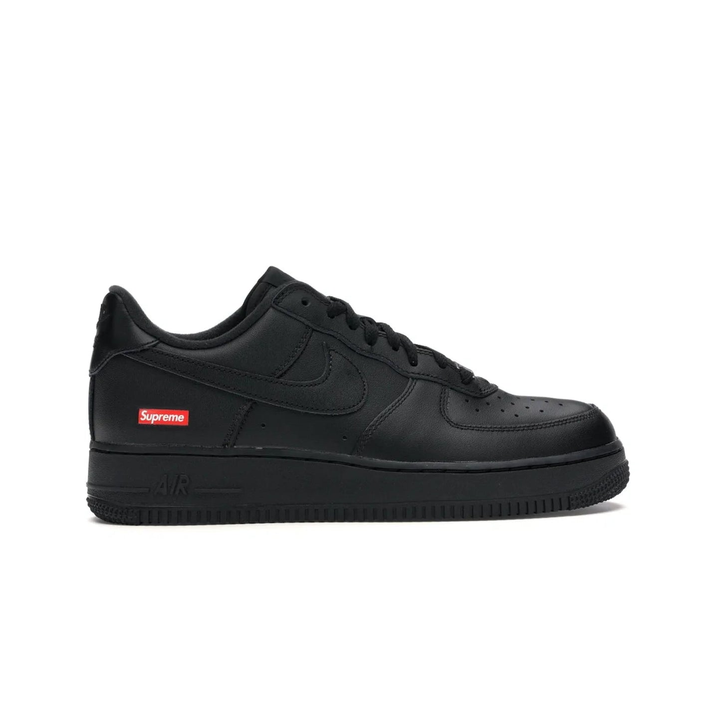 Nike Air Force 1 Low Supreme Black - Image 36 - Only at www.BallersClubKickz.com - Iconic style meets classic black design in the Nike Air Force 1 Low Supreme Black. Featuring a luxe leather upper and red Supreme Box Logo at the heel, these sneakers released in March 2020, and now available.