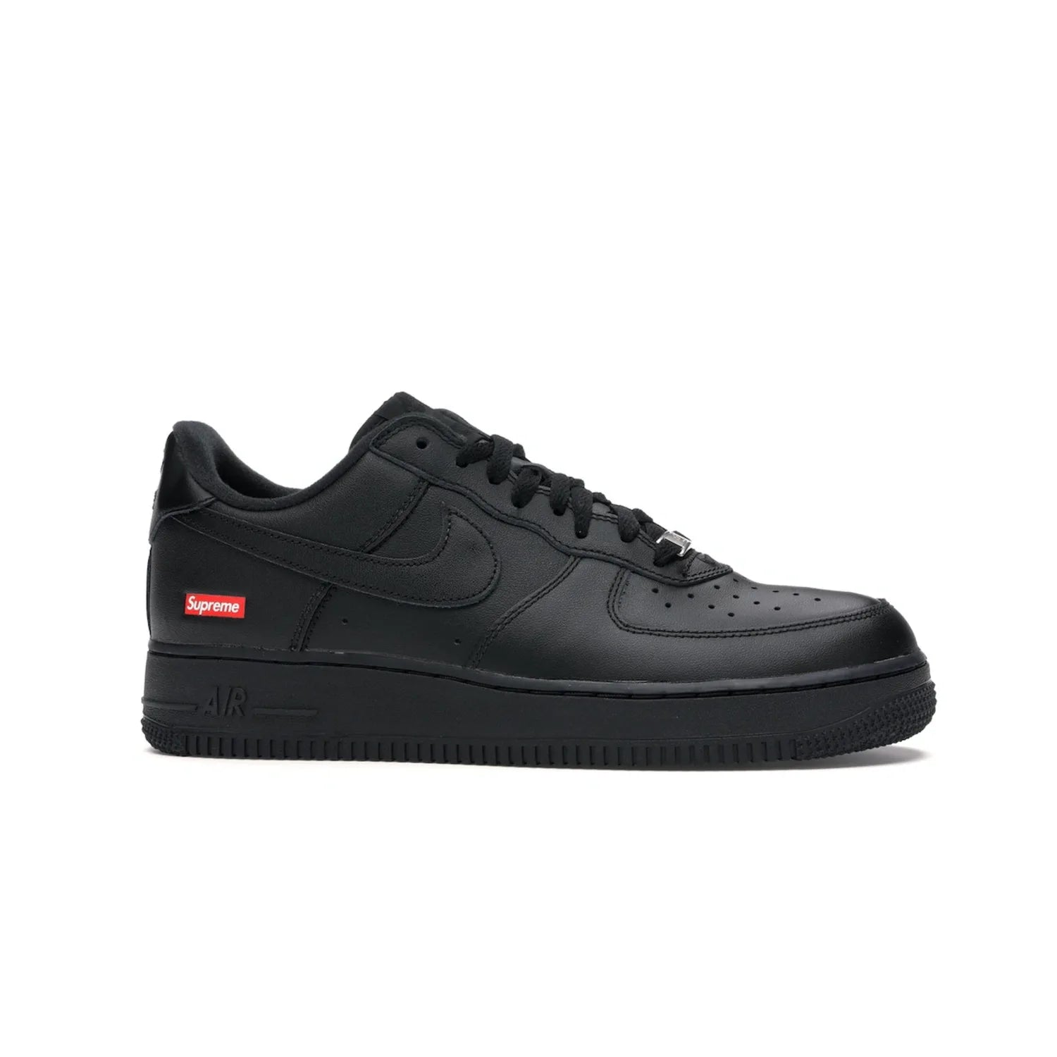 Nike Air Force 1 Low Supreme Black - Image 2 - Only at www.BallersClubKickz.com - Iconic style meets classic black design in the Nike Air Force 1 Low Supreme Black. Featuring a luxe leather upper and red Supreme Box Logo at the heel, these sneakers released in March 2020, and now available.