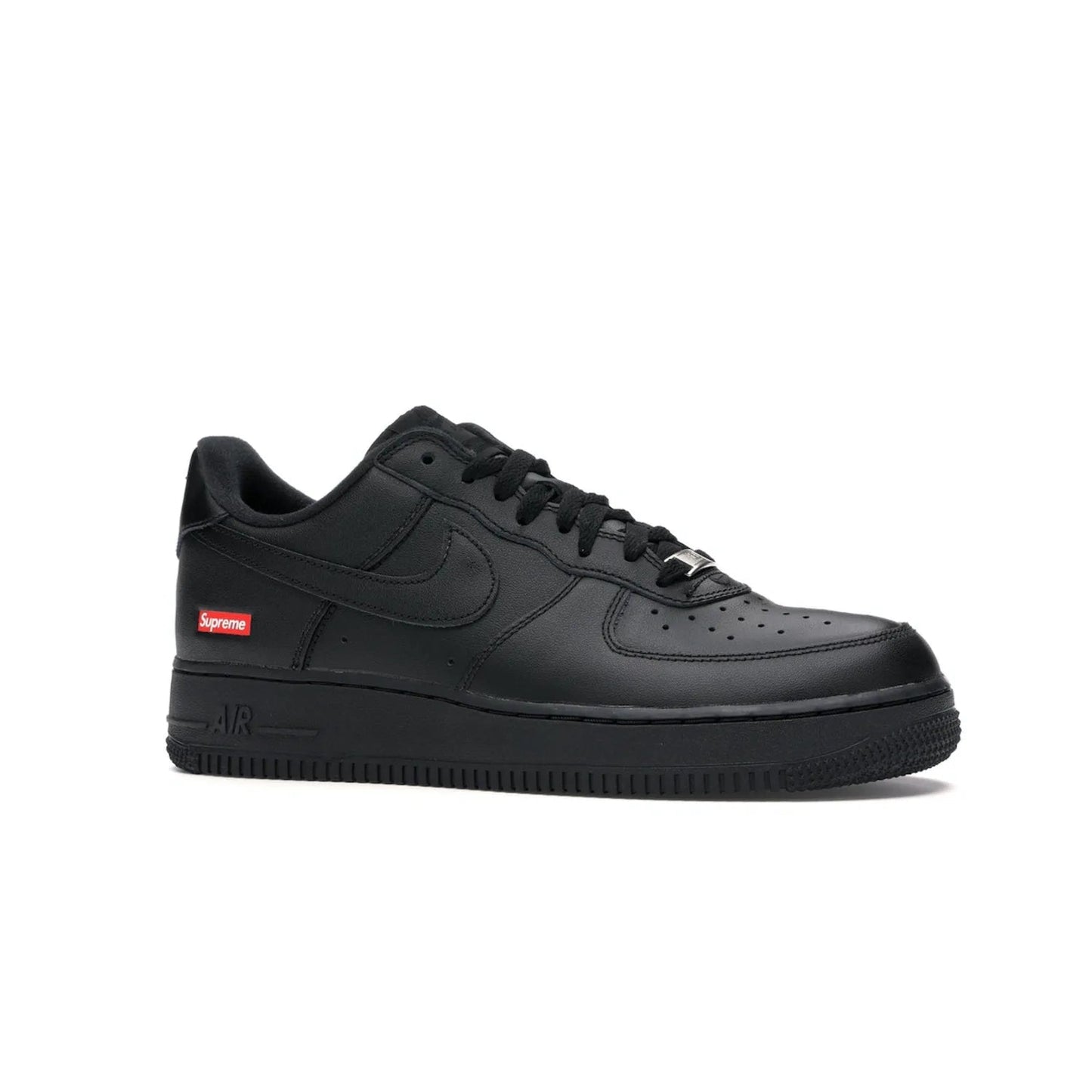 Nike Air Force 1 Low Supreme Black - Image 3 - Only at www.BallersClubKickz.com - Iconic style meets classic black design in the Nike Air Force 1 Low Supreme Black. Featuring a luxe leather upper and red Supreme Box Logo at the heel, these sneakers released in March 2020, and now available.