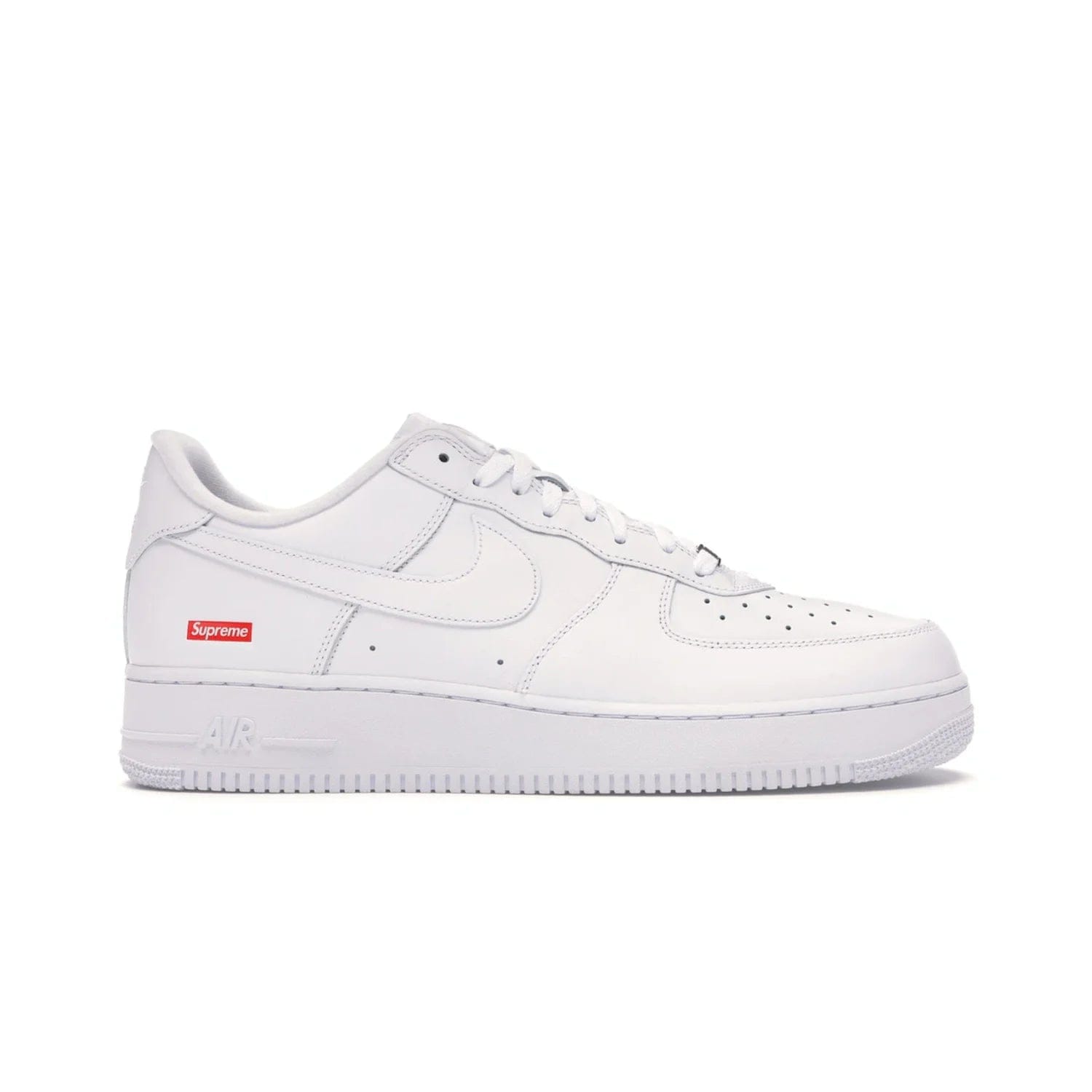 Nike Air Force 1 Low Supreme White - Image 1 - Only at www.BallersClubKickz.com - The Nike Air Force 1 Low Supreme White - a classic all-white design featuring premium leather and the iconic red Supreme Box Logo. Iconic sneakers embodying NYC style and culture. Released March 2020.