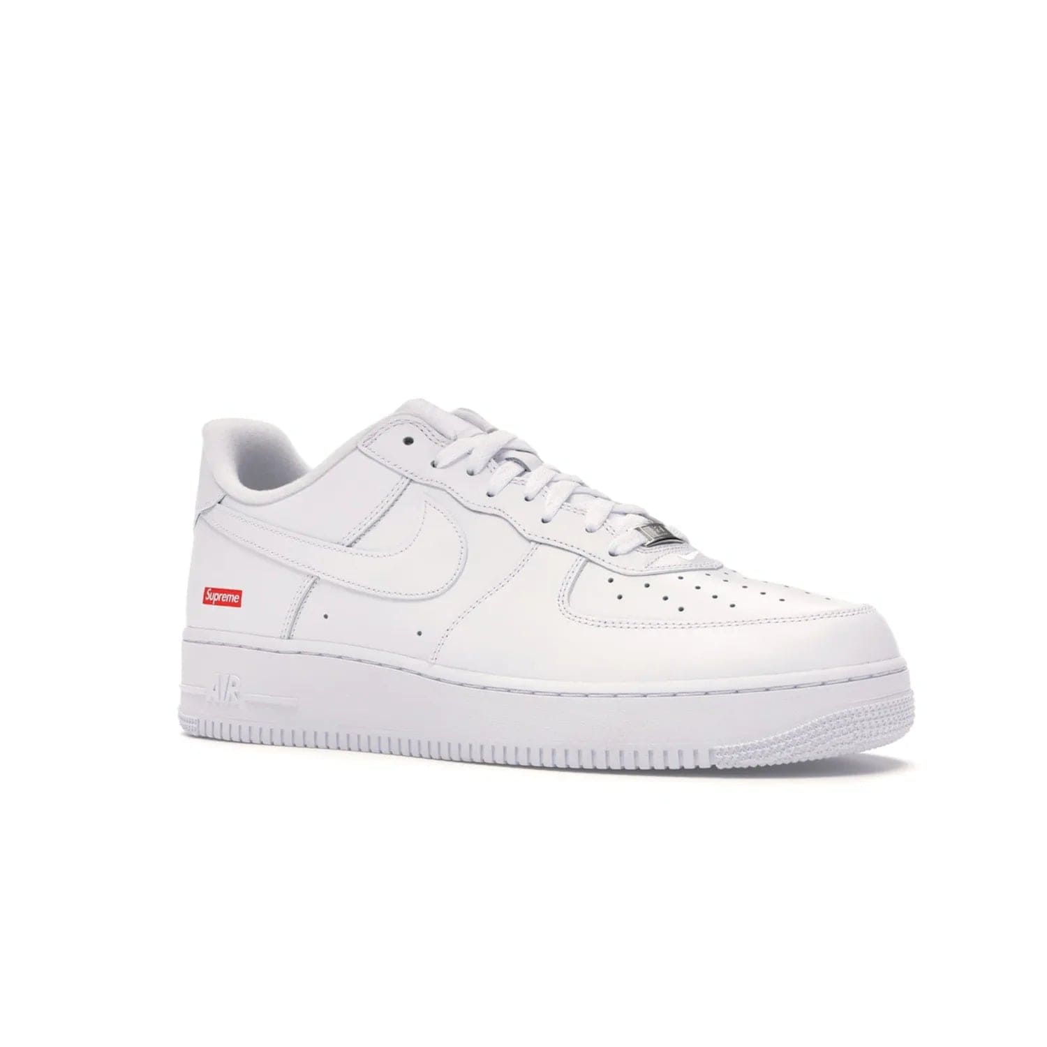 Nike Air Force 1 Low Supreme White - Image 4 - Only at www.BallersClubKickz.com - The Nike Air Force 1 Low Supreme White - a classic all-white design featuring premium leather and the iconic red Supreme Box Logo. Iconic sneakers embodying NYC style and culture. Released March 2020.