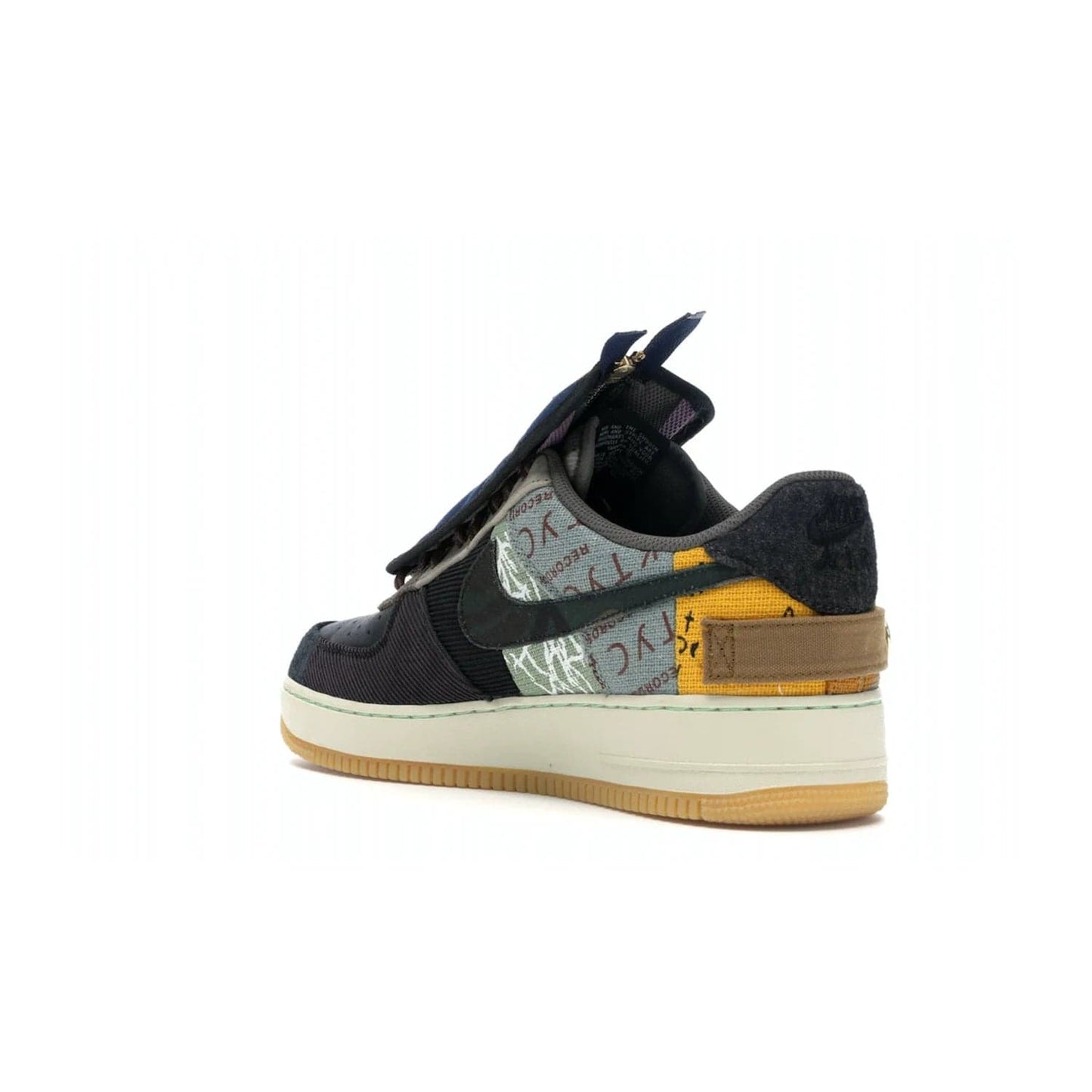 Nike Air Force 1 Low Travis Scott Cactus Jack - Image 24 - Only at www.BallersClubKickz.com - The Nike Air Force 1 Low Travis Scott Cactus Jack features a unique, multi-colored patchwork upper with muted bronze and fossil accents. Includes detachable lace cover, brass zipper, and Cactus Jack insignias. A sail midsole, gum rubber outsole complete the eye-catching design. Perfect for comfort and style with unexpected touches of detail.