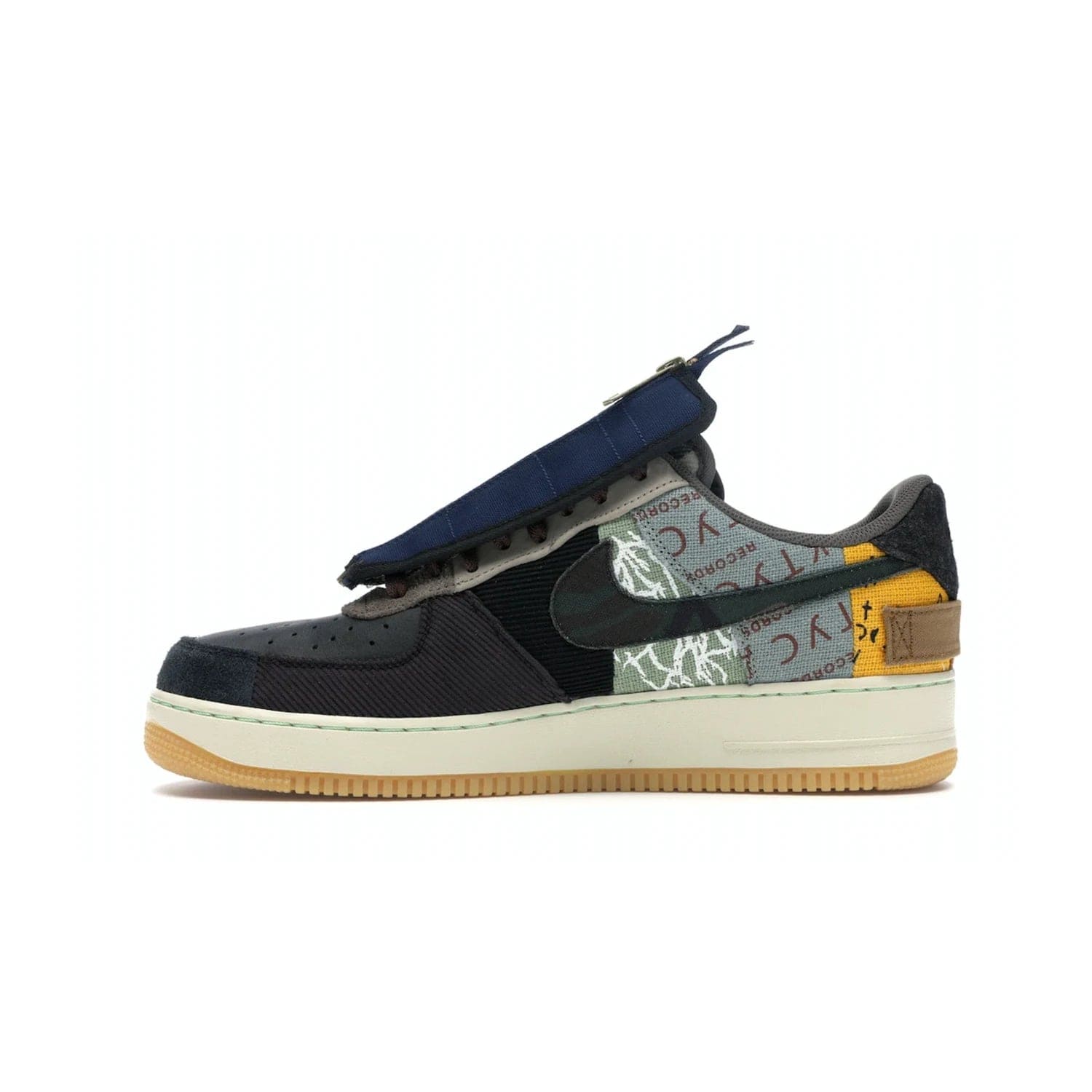 Nike Air Force 1 Low Travis Scott Cactus Jack - Image 19 - Only at www.BallersClubKickz.com - The Nike Air Force 1 Low Travis Scott Cactus Jack features a unique, multi-colored patchwork upper with muted bronze and fossil accents. Includes detachable lace cover, brass zipper, and Cactus Jack insignias. A sail midsole, gum rubber outsole complete the eye-catching design. Perfect for comfort and style with unexpected touches of detail.