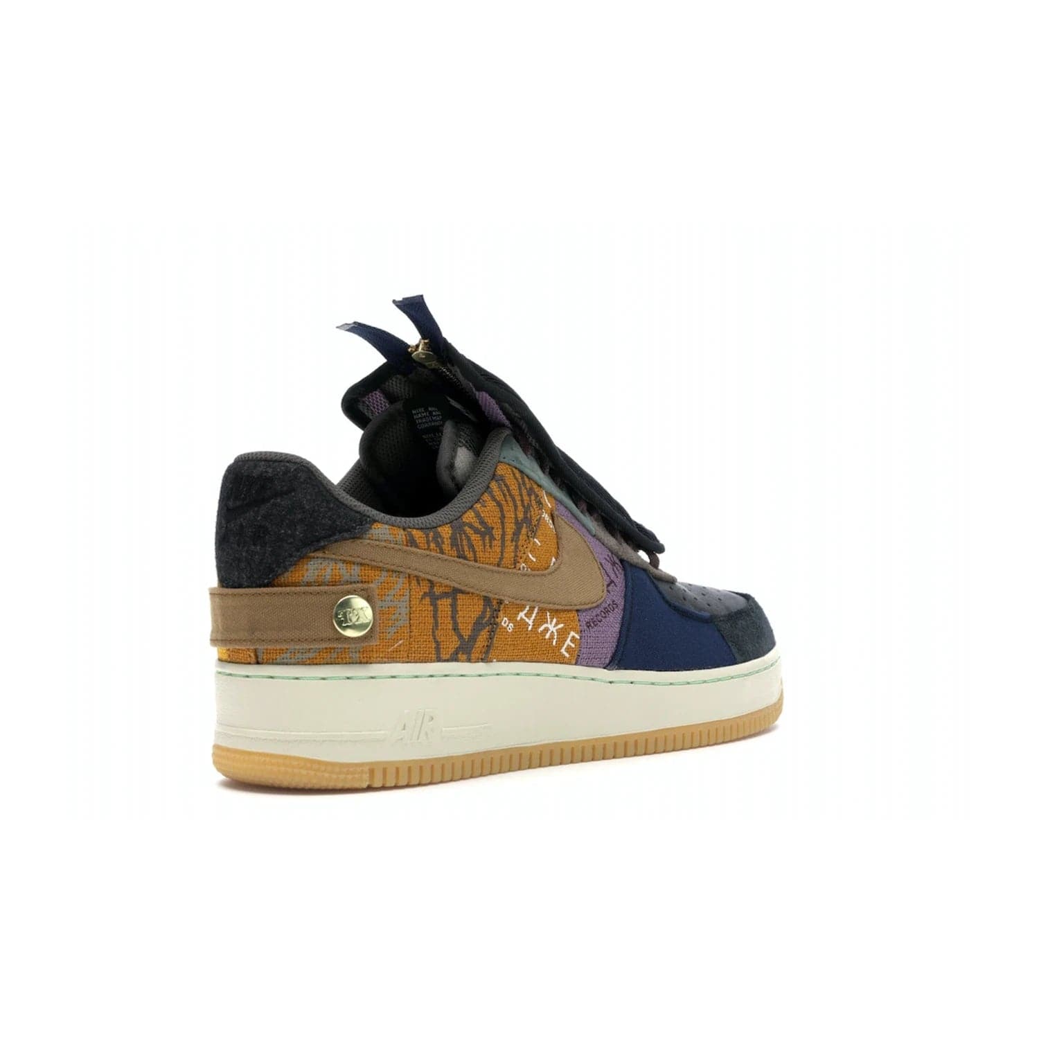 Nike Air Force 1 Low Travis Scott Cactus Jack - Image 32 - Only at www.BallersClubKickz.com - The Nike Air Force 1 Low Travis Scott Cactus Jack features a unique, multi-colored patchwork upper with muted bronze and fossil accents. Includes detachable lace cover, brass zipper, and Cactus Jack insignias. A sail midsole, gum rubber outsole complete the eye-catching design. Perfect for comfort and style with unexpected touches of detail.