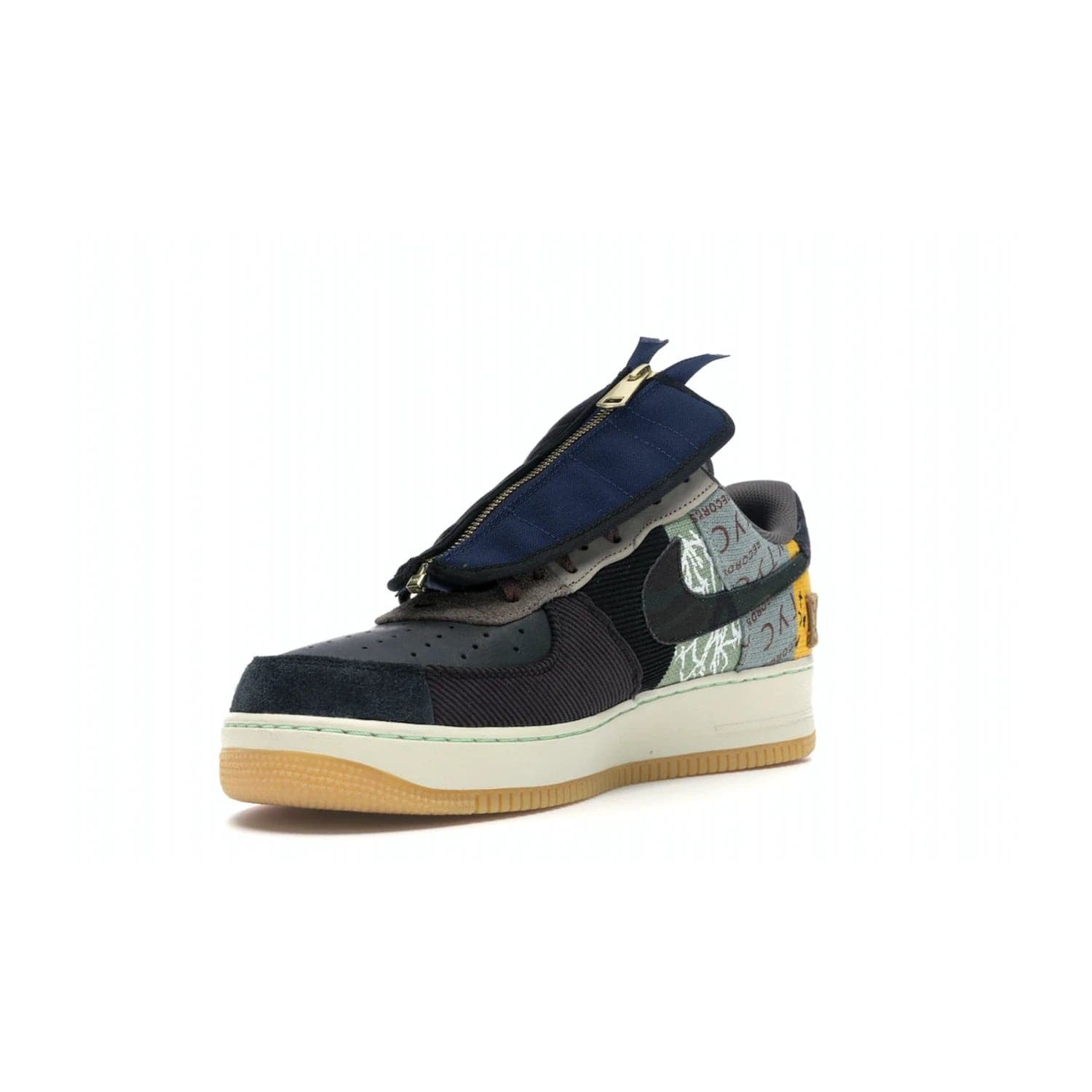 Nike Air Force 1 Low Travis Scott Cactus Jack - Image 14 - Only at www.BallersClubKickz.com - The Nike Air Force 1 Low Travis Scott Cactus Jack features a unique, multi-colored patchwork upper with muted bronze and fossil accents. Includes detachable lace cover, brass zipper, and Cactus Jack insignias. A sail midsole, gum rubber outsole complete the eye-catching design. Perfect for comfort and style with unexpected touches of detail.