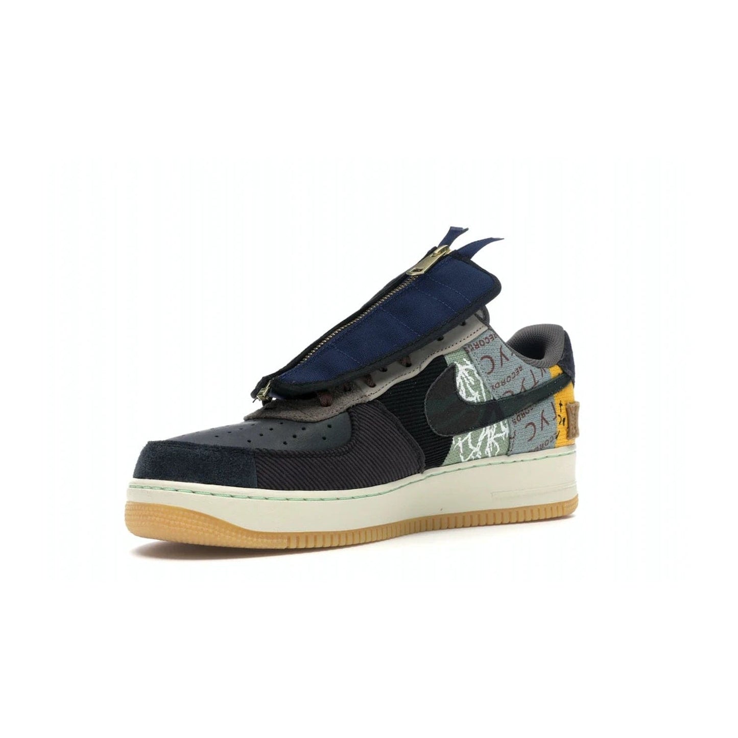 Nike Air Force 1 Low Travis Scott Cactus Jack - Image 15 - Only at www.BallersClubKickz.com - The Nike Air Force 1 Low Travis Scott Cactus Jack features a unique, multi-colored patchwork upper with muted bronze and fossil accents. Includes detachable lace cover, brass zipper, and Cactus Jack insignias. A sail midsole, gum rubber outsole complete the eye-catching design. Perfect for comfort and style with unexpected touches of detail.