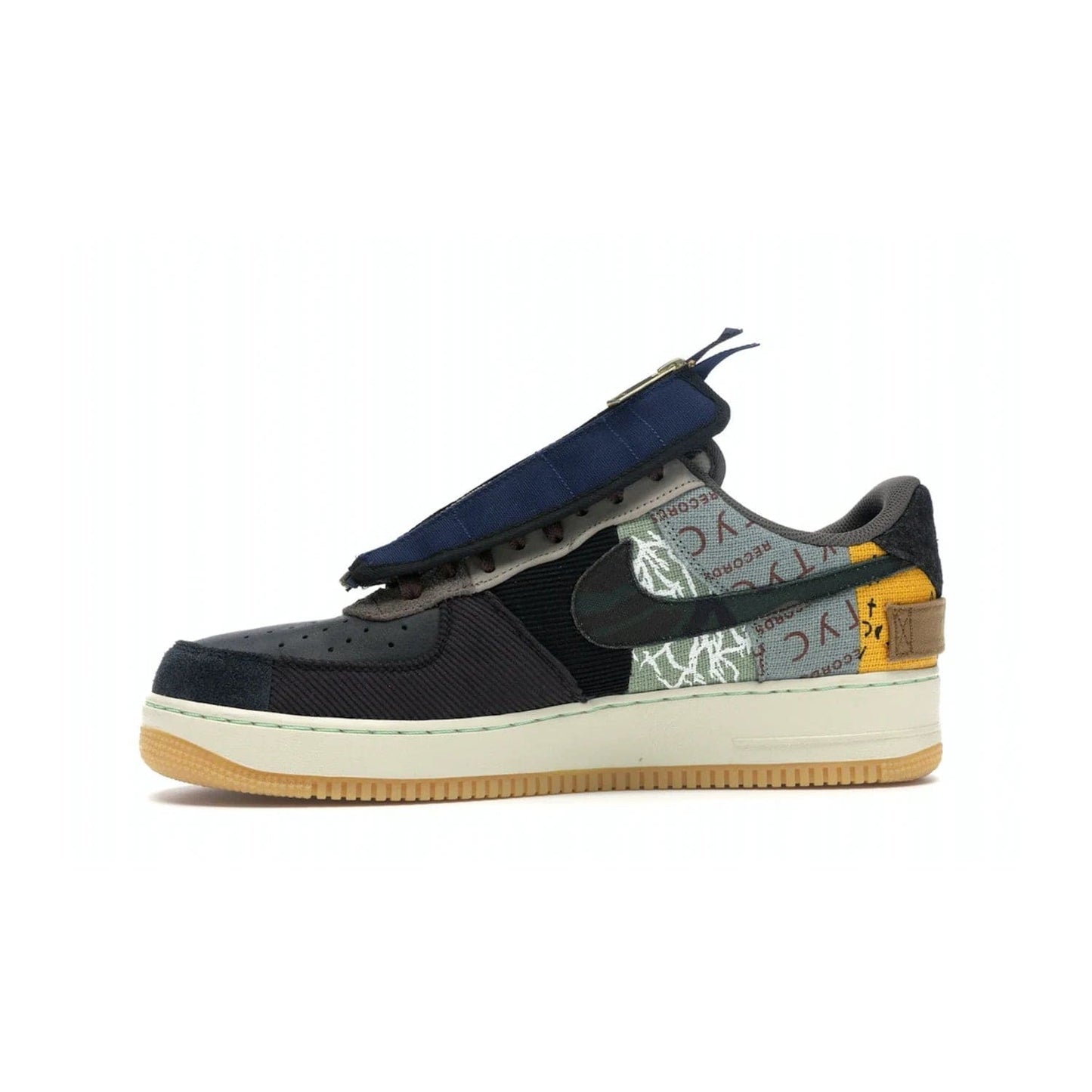 Nike Air Force 1 Low Travis Scott Cactus Jack - Image 18 - Only at www.BallersClubKickz.com - The Nike Air Force 1 Low Travis Scott Cactus Jack features a unique, multi-colored patchwork upper with muted bronze and fossil accents. Includes detachable lace cover, brass zipper, and Cactus Jack insignias. A sail midsole, gum rubber outsole complete the eye-catching design. Perfect for comfort and style with unexpected touches of detail.