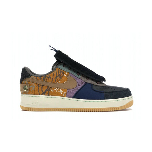 Nike Air Force 1 Low Travis Scott Cactus Jack - Image 1 - Only at www.BallersClubKickz.com - The Nike Air Force 1 Low Travis Scott Cactus Jack features a unique, multi-colored patchwork upper with muted bronze and fossil accents. Includes detachable lace cover, brass zipper, and Cactus Jack insignias. A sail midsole, gum rubber outsole complete the eye-catching design. Perfect for comfort and style with unexpected touches of detail.