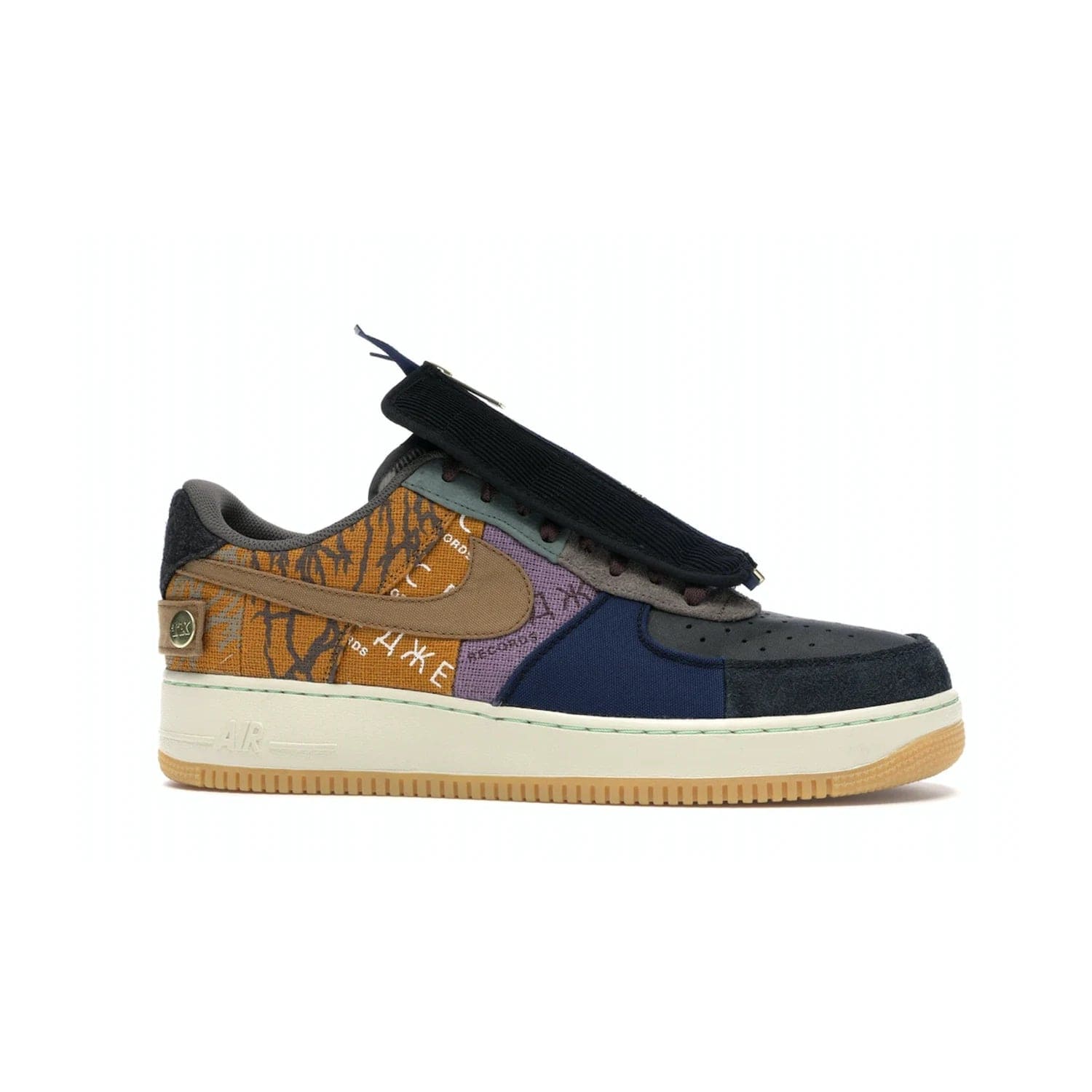 Nike Air Force 1 Low Travis Scott Cactus Jack - Image 2 - Only at www.BallersClubKickz.com - The Nike Air Force 1 Low Travis Scott Cactus Jack features a unique, multi-colored patchwork upper with muted bronze and fossil accents. Includes detachable lace cover, brass zipper, and Cactus Jack insignias. A sail midsole, gum rubber outsole complete the eye-catching design. Perfect for comfort and style with unexpected touches of detail.