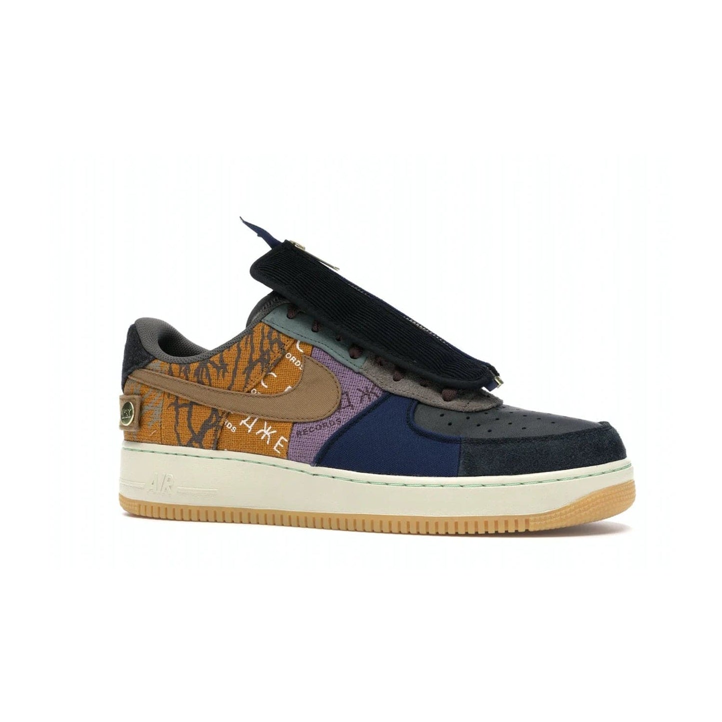 Nike Air Force 1 Low Travis Scott Cactus Jack - Image 3 - Only at www.BallersClubKickz.com - The Nike Air Force 1 Low Travis Scott Cactus Jack features a unique, multi-colored patchwork upper with muted bronze and fossil accents. Includes detachable lace cover, brass zipper, and Cactus Jack insignias. A sail midsole, gum rubber outsole complete the eye-catching design. Perfect for comfort and style with unexpected touches of detail.