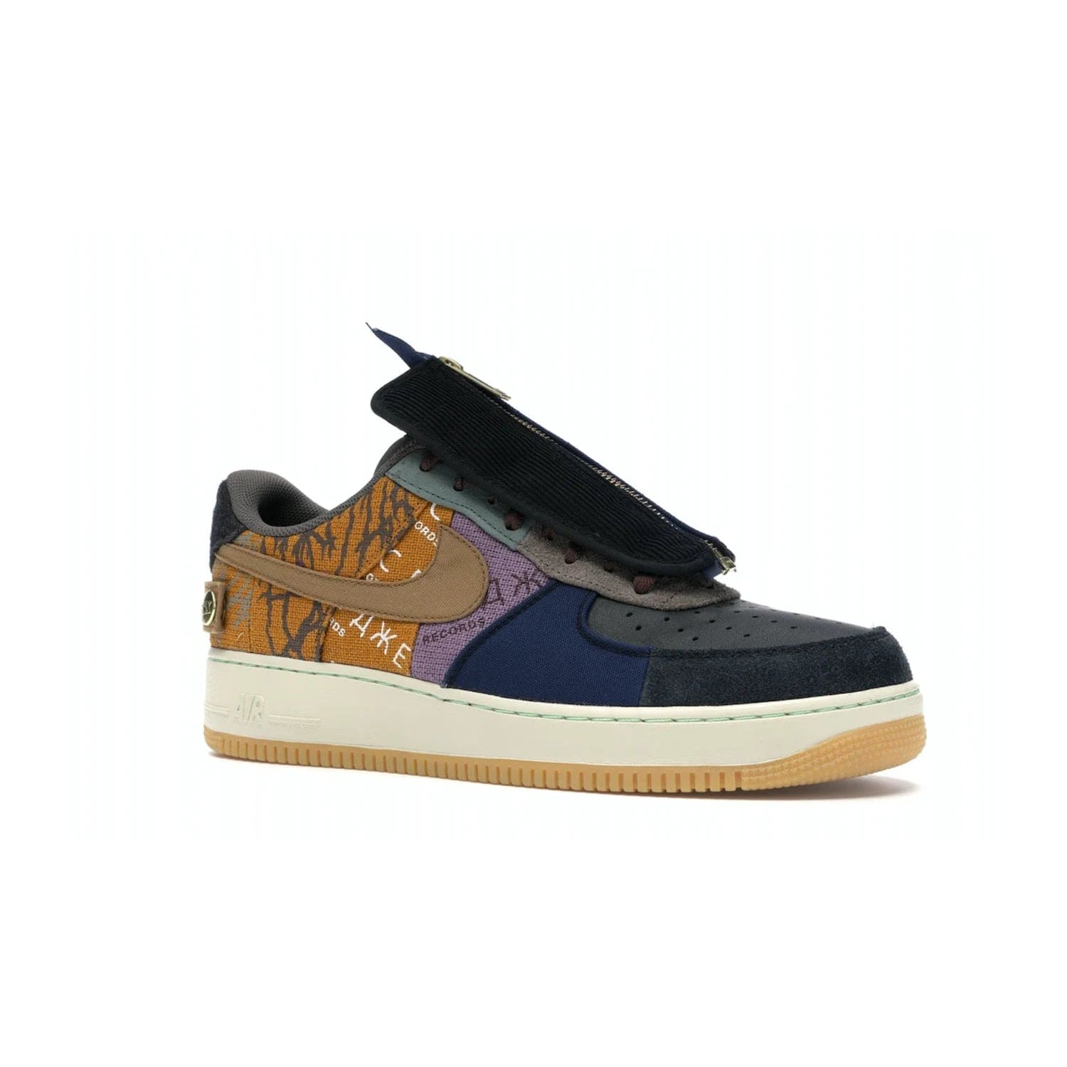 Nike Air Force 1 Low Travis Scott Cactus Jack - Image 4 - Only at www.BallersClubKickz.com - The Nike Air Force 1 Low Travis Scott Cactus Jack features a unique, multi-colored patchwork upper with muted bronze and fossil accents. Includes detachable lace cover, brass zipper, and Cactus Jack insignias. A sail midsole, gum rubber outsole complete the eye-catching design. Perfect for comfort and style with unexpected touches of detail.