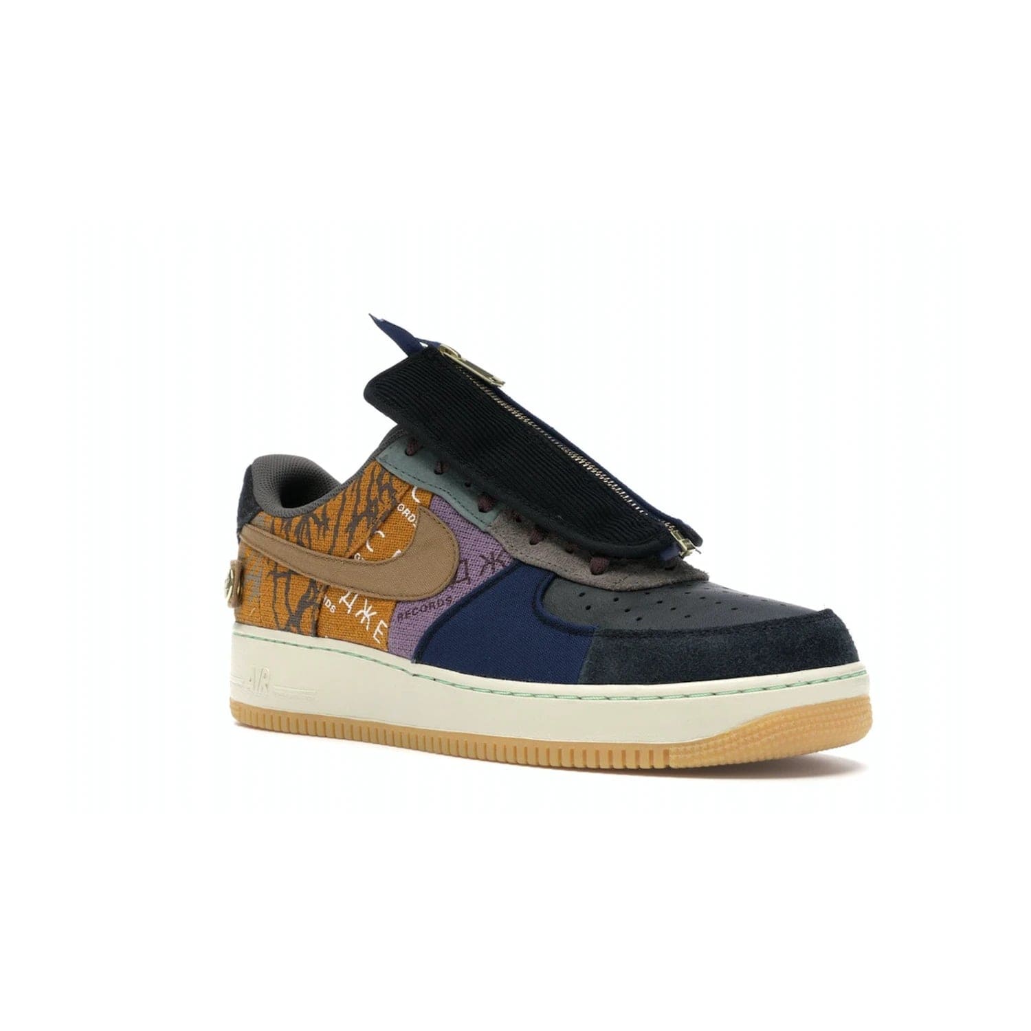 Nike Air Force 1 Low Travis Scott Cactus Jack - Image 5 - Only at www.BallersClubKickz.com - The Nike Air Force 1 Low Travis Scott Cactus Jack features a unique, multi-colored patchwork upper with muted bronze and fossil accents. Includes detachable lace cover, brass zipper, and Cactus Jack insignias. A sail midsole, gum rubber outsole complete the eye-catching design. Perfect for comfort and style with unexpected touches of detail.