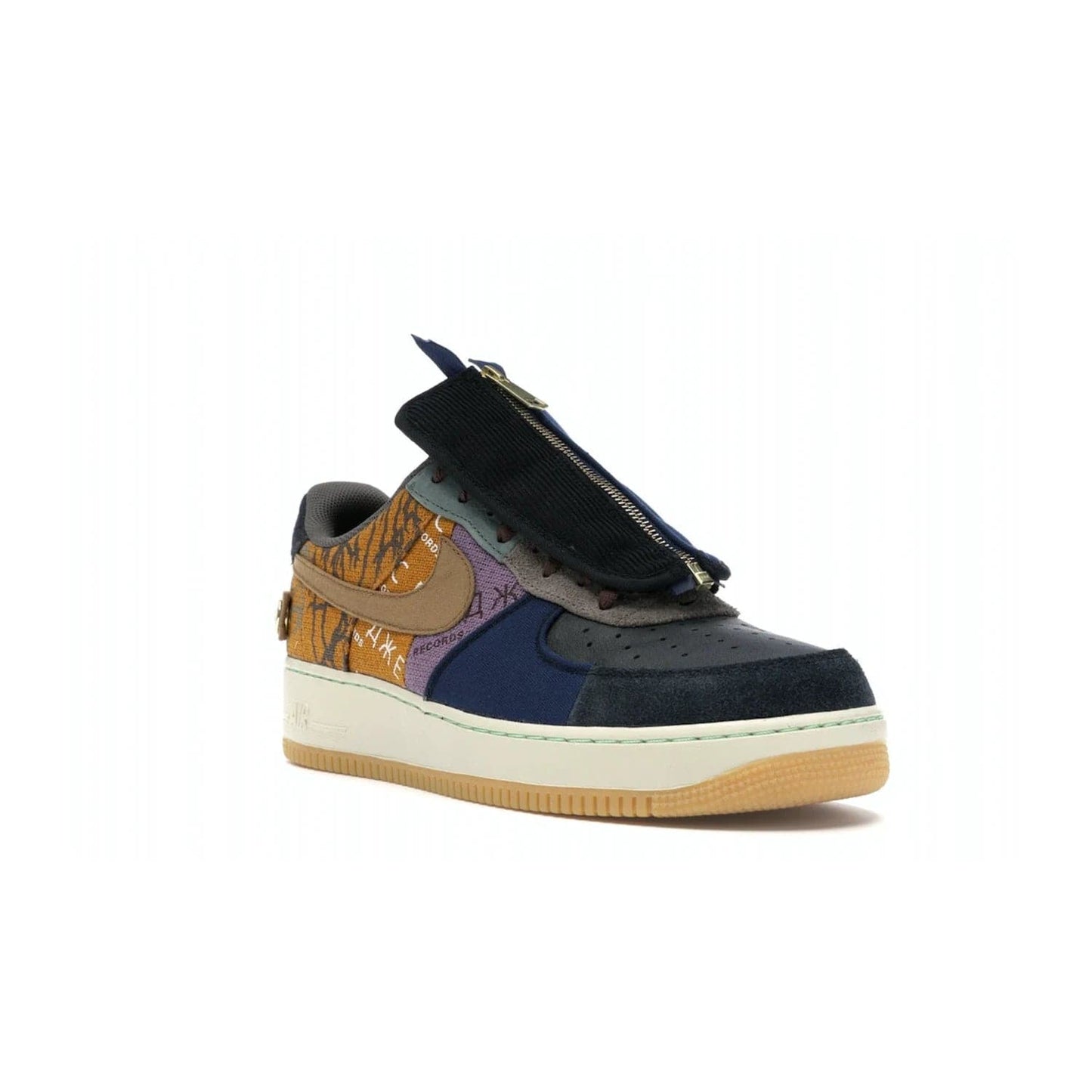 Nike Air Force 1 Low Travis Scott Cactus Jack - Image 6 - Only at www.BallersClubKickz.com - The Nike Air Force 1 Low Travis Scott Cactus Jack features a unique, multi-colored patchwork upper with muted bronze and fossil accents. Includes detachable lace cover, brass zipper, and Cactus Jack insignias. A sail midsole, gum rubber outsole complete the eye-catching design. Perfect for comfort and style with unexpected touches of detail.