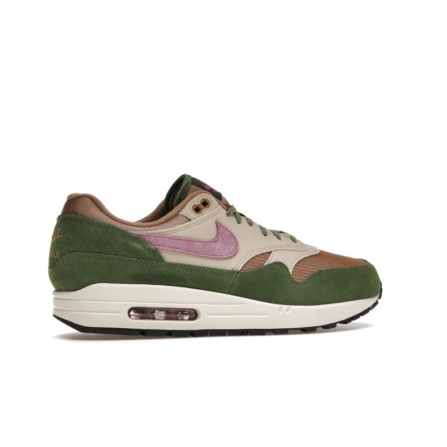 Nike Air Max 1 SH Treeline - Image 35 - Only at www.BallersClubKickz.com - A classic Nike Air Max 1 SH Treeline with a brown mesh upper, taupe Durabuck overlays, and hairy green suede details. Light Bordeaux Swoosh and woven tongue label for a pop of color. Released in May 2022. Perfect for any outfit and sure to impress.