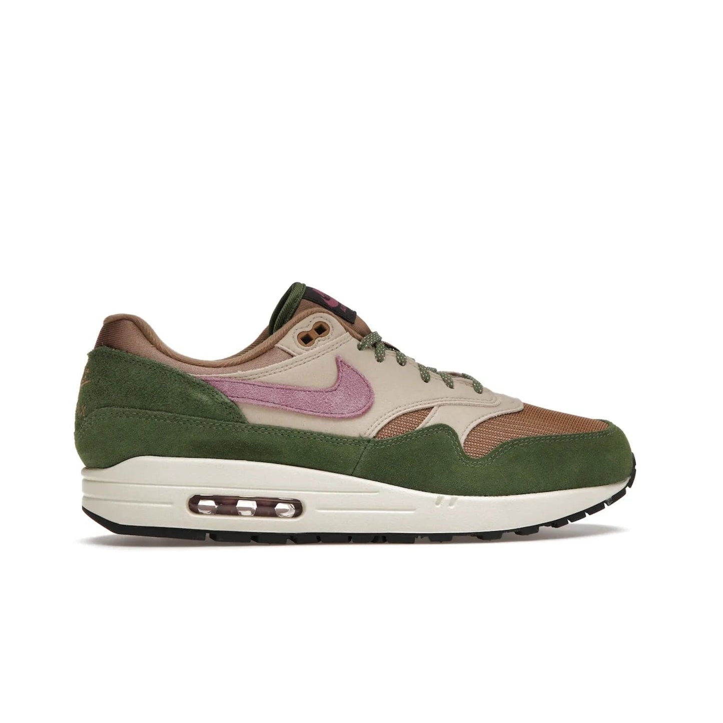 Nike Air Max 1 SH Treeline - Image 36 - Only at www.BallersClubKickz.com - A classic Nike Air Max 1 SH Treeline with a brown mesh upper, taupe Durabuck overlays, and hairy green suede details. Light Bordeaux Swoosh and woven tongue label for a pop of color. Released in May 2022. Perfect for any outfit and sure to impress.