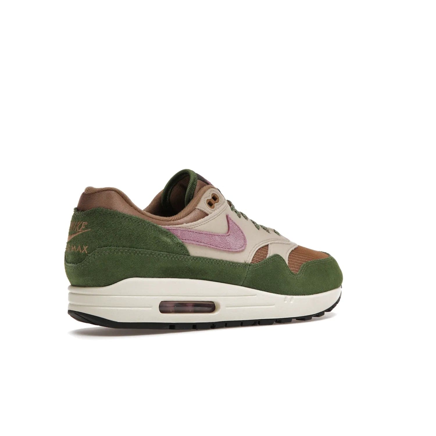 Nike Air Max 1 SH Treeline - Image 33 - Only at www.BallersClubKickz.com - A classic Nike Air Max 1 SH Treeline with a brown mesh upper, taupe Durabuck overlays, and hairy green suede details. Light Bordeaux Swoosh and woven tongue label for a pop of color. Released in May 2022. Perfect for any outfit and sure to impress.