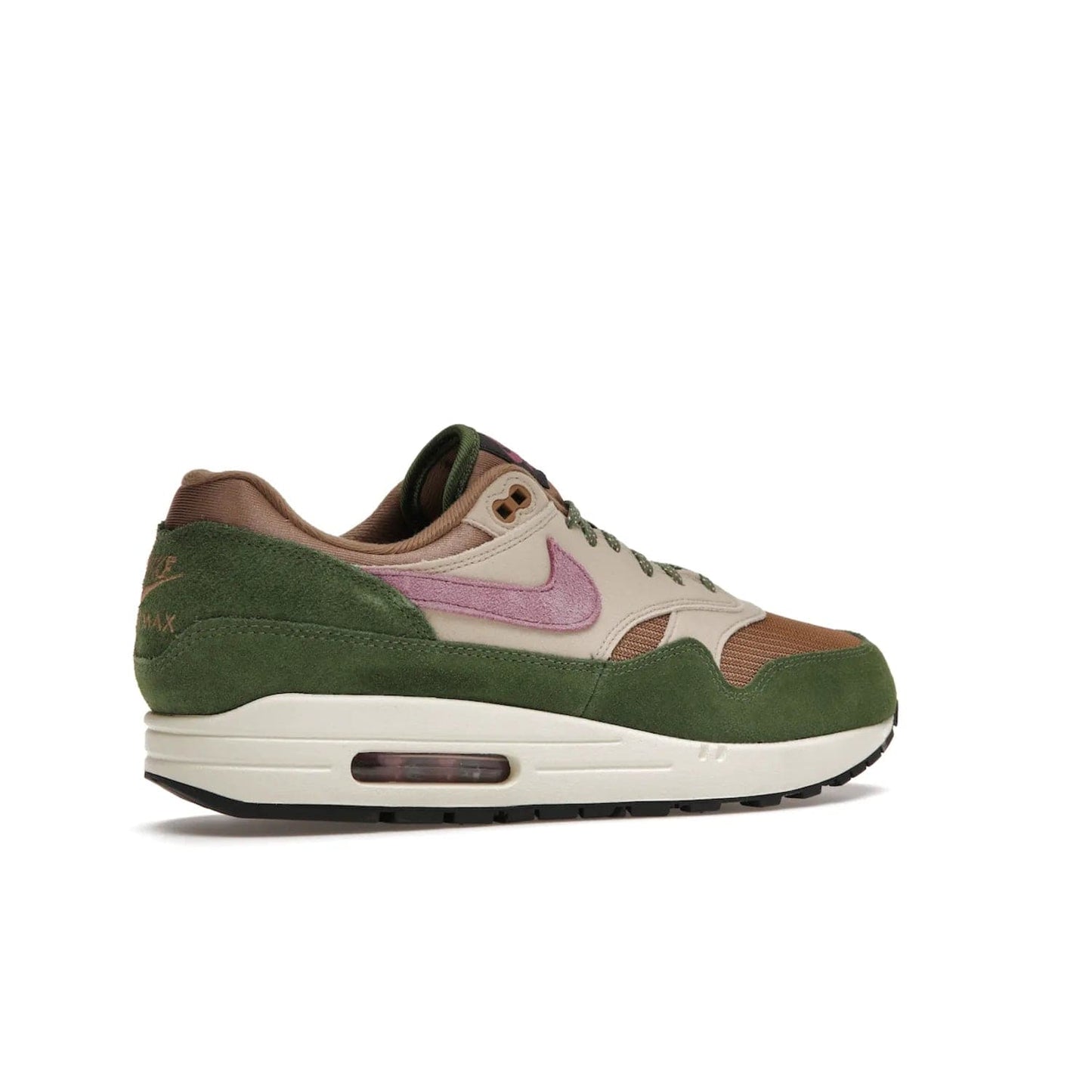 Nike Air Max 1 SH Treeline - Image 34 - Only at www.BallersClubKickz.com - A classic Nike Air Max 1 SH Treeline with a brown mesh upper, taupe Durabuck overlays, and hairy green suede details. Light Bordeaux Swoosh and woven tongue label for a pop of color. Released in May 2022. Perfect for any outfit and sure to impress.
