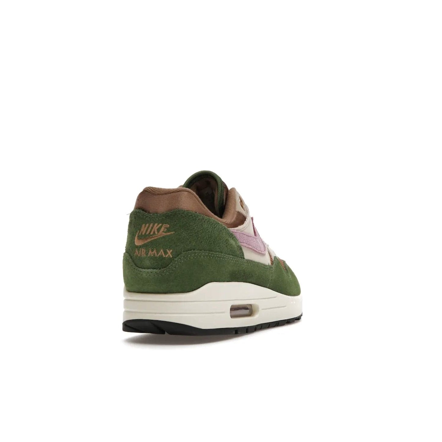 Nike Air Max 1 SH Treeline - Image 30 - Only at www.BallersClubKickz.com - A classic Nike Air Max 1 SH Treeline with a brown mesh upper, taupe Durabuck overlays, and hairy green suede details. Light Bordeaux Swoosh and woven tongue label for a pop of color. Released in May 2022. Perfect for any outfit and sure to impress.