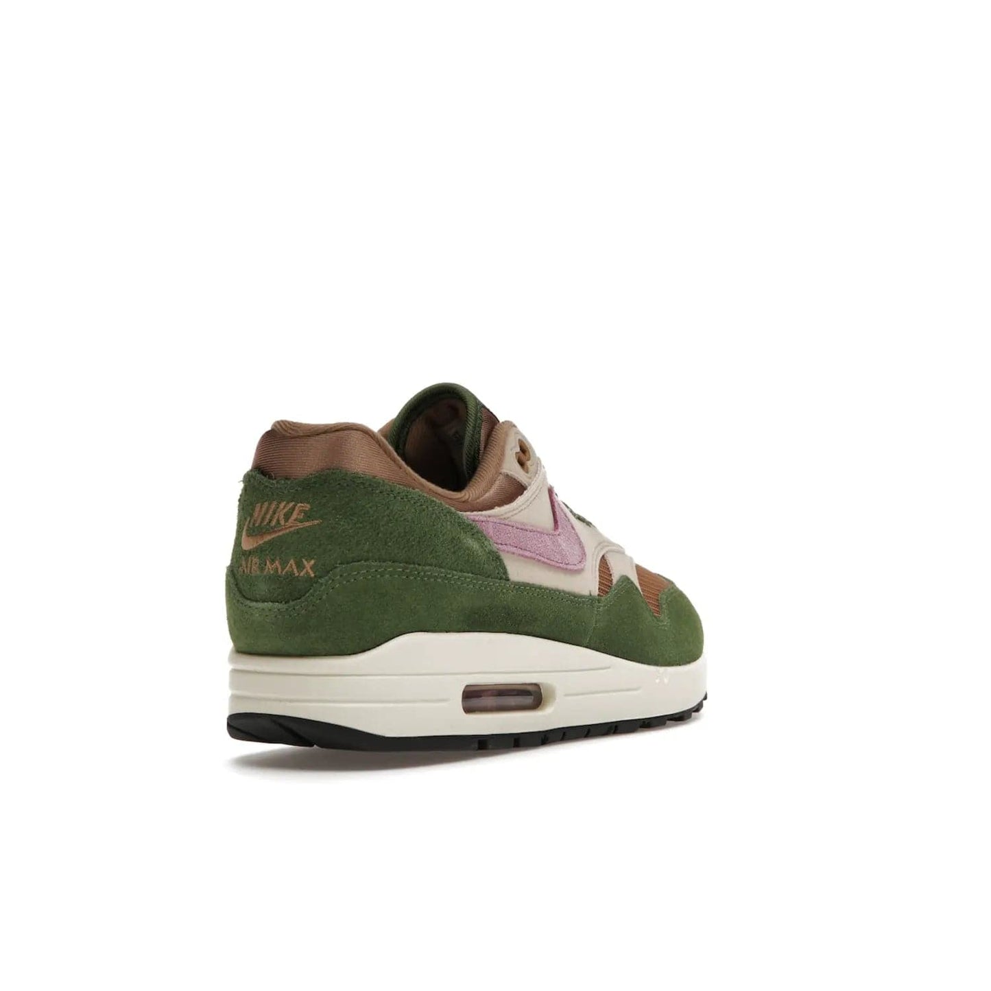 Nike Air Max 1 SH Treeline - Image 31 - Only at www.BallersClubKickz.com - A classic Nike Air Max 1 SH Treeline with a brown mesh upper, taupe Durabuck overlays, and hairy green suede details. Light Bordeaux Swoosh and woven tongue label for a pop of color. Released in May 2022. Perfect for any outfit and sure to impress.