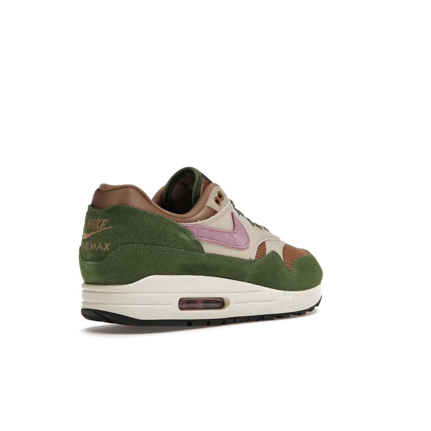 Nike Air Max 1 SH Treeline - Image 32 - Only at www.BallersClubKickz.com - A classic Nike Air Max 1 SH Treeline with a brown mesh upper, taupe Durabuck overlays, and hairy green suede details. Light Bordeaux Swoosh and woven tongue label for a pop of color. Released in May 2022. Perfect for any outfit and sure to impress.