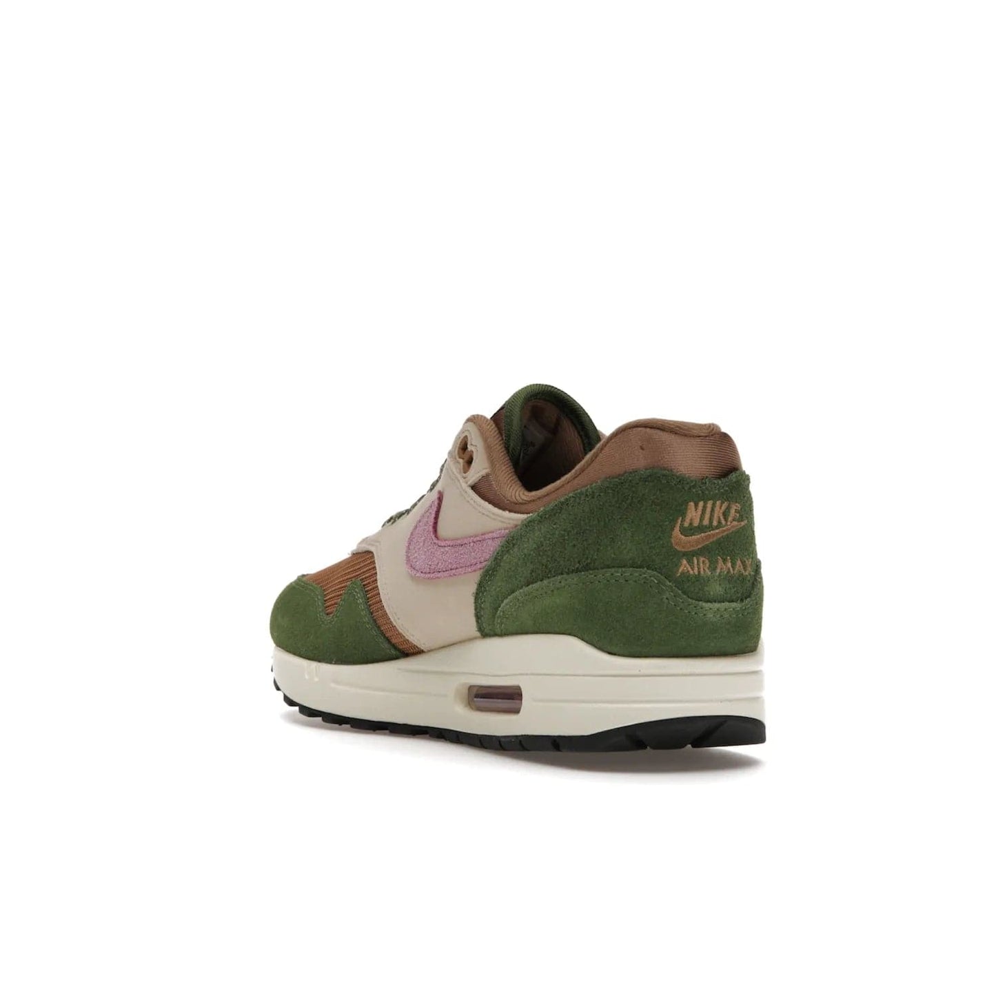 Nike Air Max 1 SH Treeline - Image 25 - Only at www.BallersClubKickz.com - A classic Nike Air Max 1 SH Treeline with a brown mesh upper, taupe Durabuck overlays, and hairy green suede details. Light Bordeaux Swoosh and woven tongue label for a pop of color. Released in May 2022. Perfect for any outfit and sure to impress.
