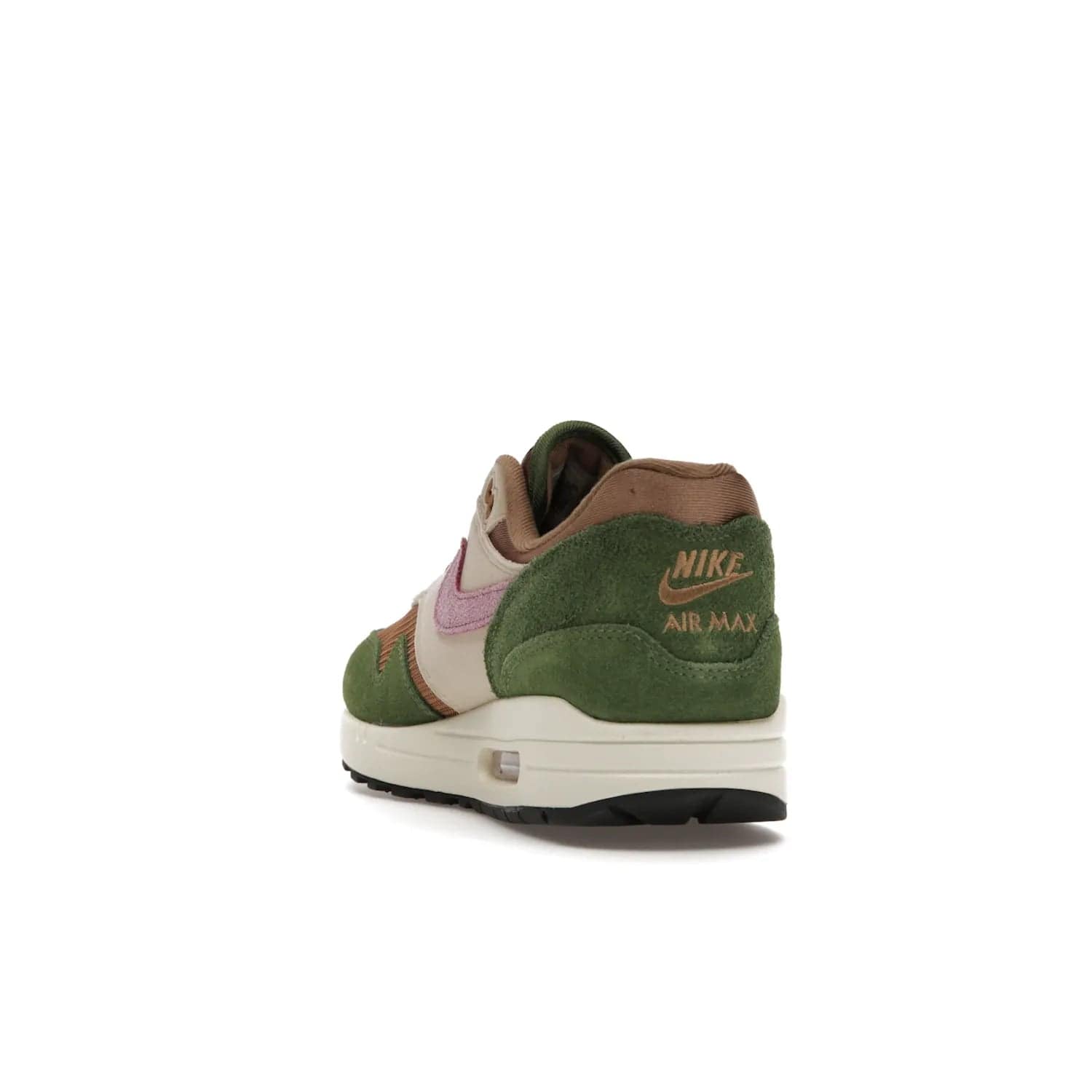 Nike Air Max 1 SH Treeline - Image 26 - Only at www.BallersClubKickz.com - A classic Nike Air Max 1 SH Treeline with a brown mesh upper, taupe Durabuck overlays, and hairy green suede details. Light Bordeaux Swoosh and woven tongue label for a pop of color. Released in May 2022. Perfect for any outfit and sure to impress.