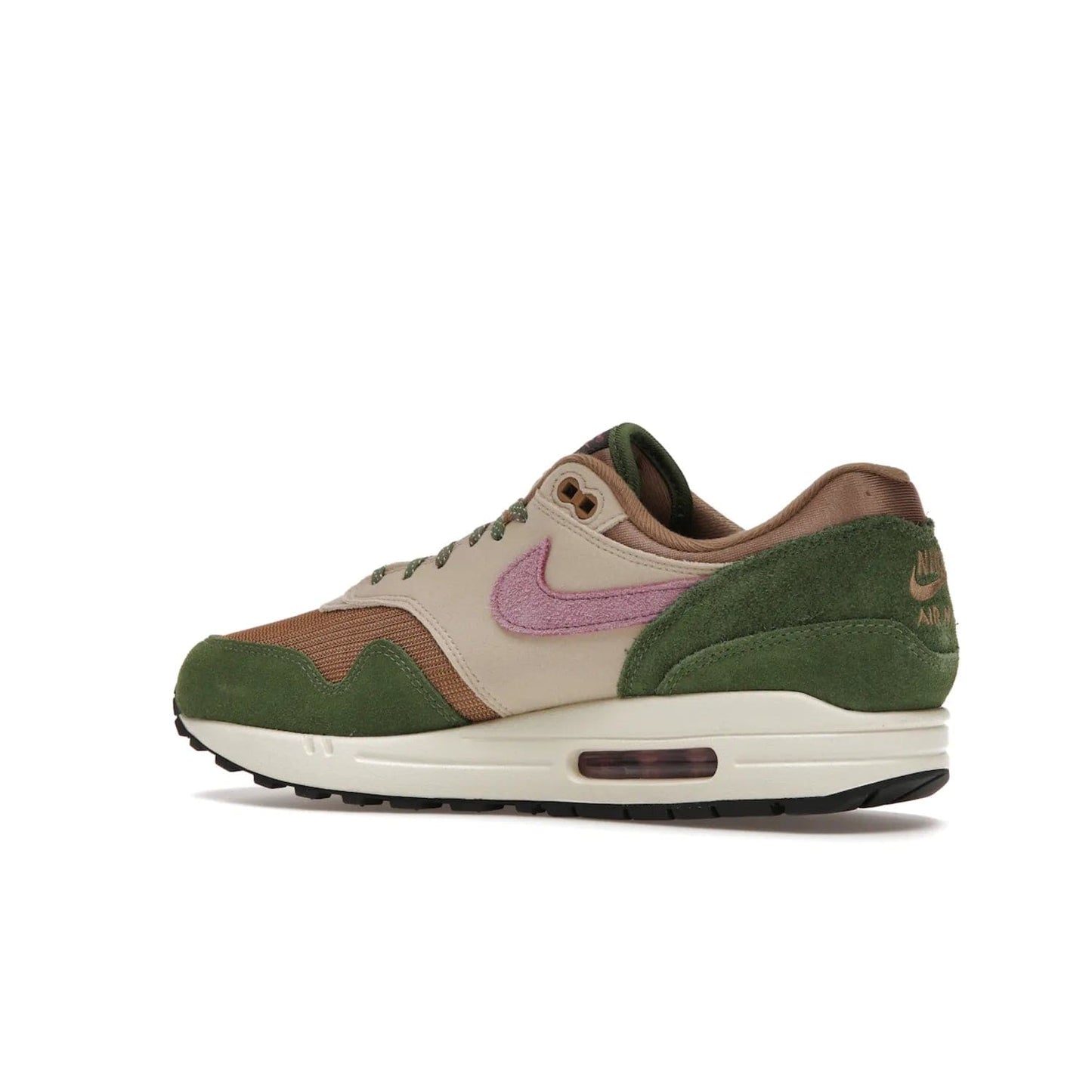 Nike Air Max 1 SH Treeline - Image 22 - Only at www.BallersClubKickz.com - A classic Nike Air Max 1 SH Treeline with a brown mesh upper, taupe Durabuck overlays, and hairy green suede details. Light Bordeaux Swoosh and woven tongue label for a pop of color. Released in May 2022. Perfect for any outfit and sure to impress.