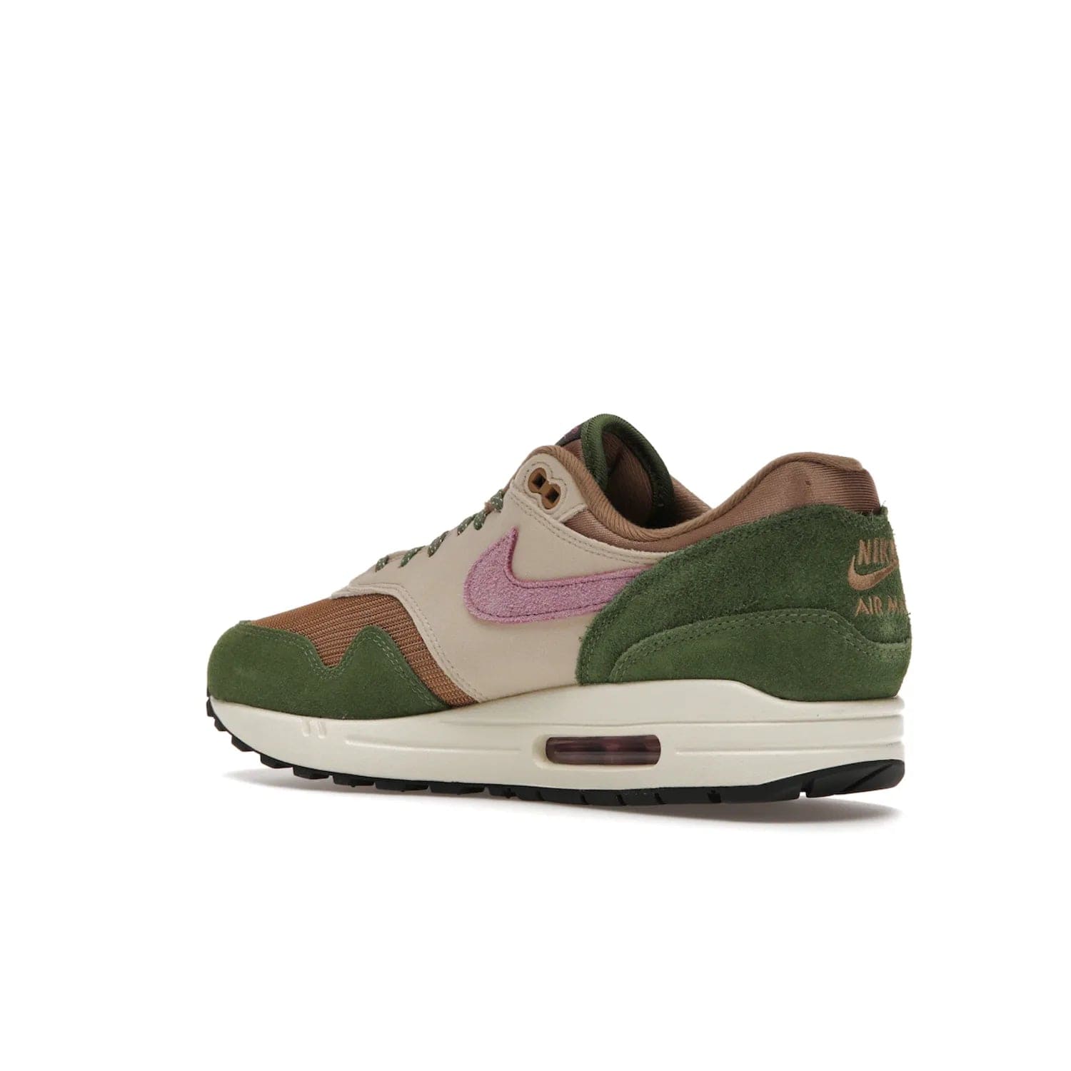 Nike Air Max 1 SH Treeline - Image 23 - Only at www.BallersClubKickz.com - A classic Nike Air Max 1 SH Treeline with a brown mesh upper, taupe Durabuck overlays, and hairy green suede details. Light Bordeaux Swoosh and woven tongue label for a pop of color. Released in May 2022. Perfect for any outfit and sure to impress.