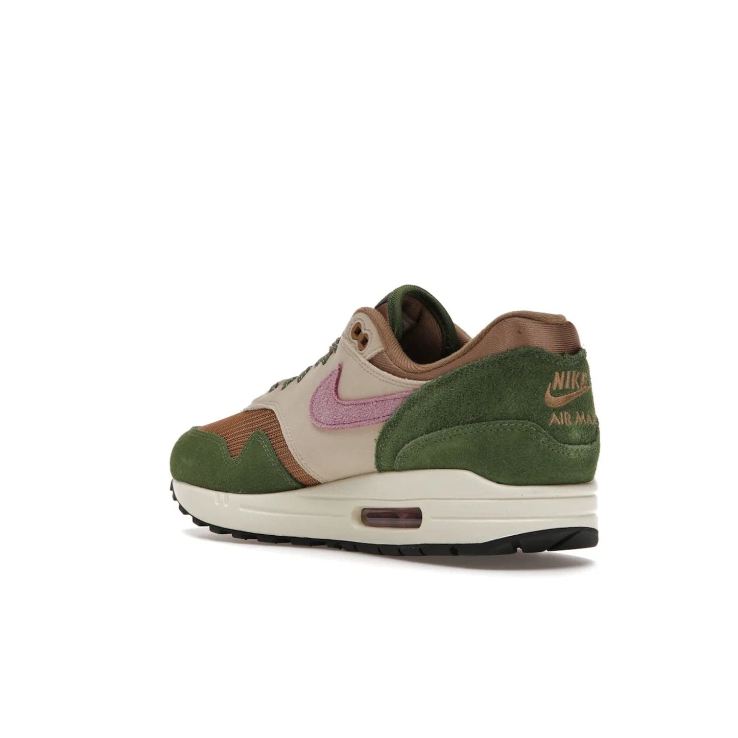 Nike Air Max 1 SH Treeline - Image 24 - Only at www.BallersClubKickz.com - A classic Nike Air Max 1 SH Treeline with a brown mesh upper, taupe Durabuck overlays, and hairy green suede details. Light Bordeaux Swoosh and woven tongue label for a pop of color. Released in May 2022. Perfect for any outfit and sure to impress.