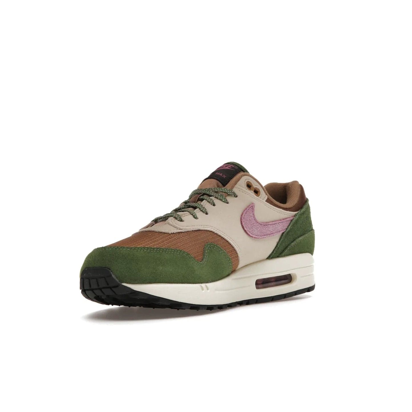 Nike Air Max 1 SH Treeline - Image 14 - Only at www.BallersClubKickz.com - A classic Nike Air Max 1 SH Treeline with a brown mesh upper, taupe Durabuck overlays, and hairy green suede details. Light Bordeaux Swoosh and woven tongue label for a pop of color. Released in May 2022. Perfect for any outfit and sure to impress.