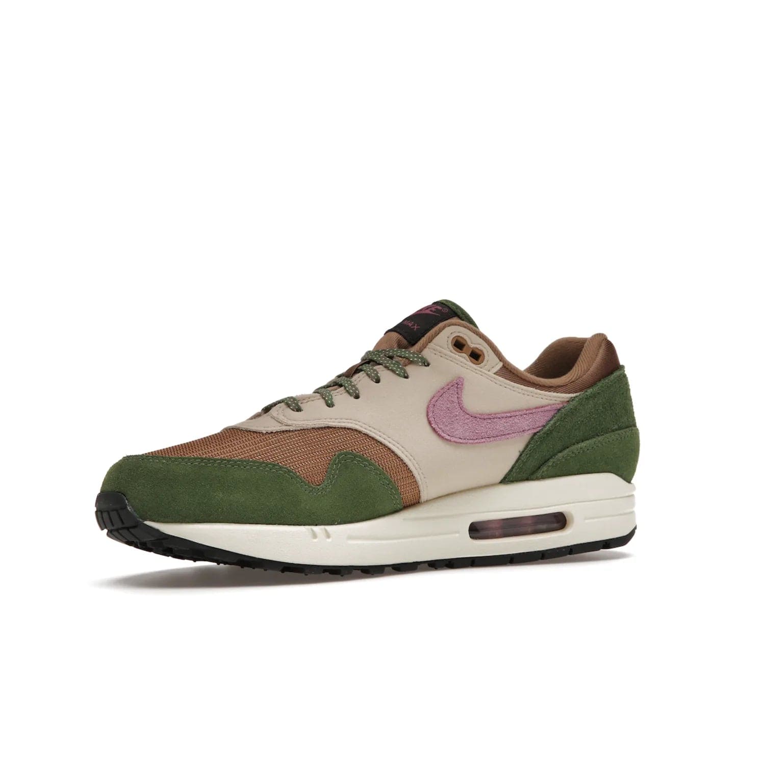 Nike Air Max 1 SH Treeline - Image 16 - Only at www.BallersClubKickz.com - A classic Nike Air Max 1 SH Treeline with a brown mesh upper, taupe Durabuck overlays, and hairy green suede details. Light Bordeaux Swoosh and woven tongue label for a pop of color. Released in May 2022. Perfect for any outfit and sure to impress.