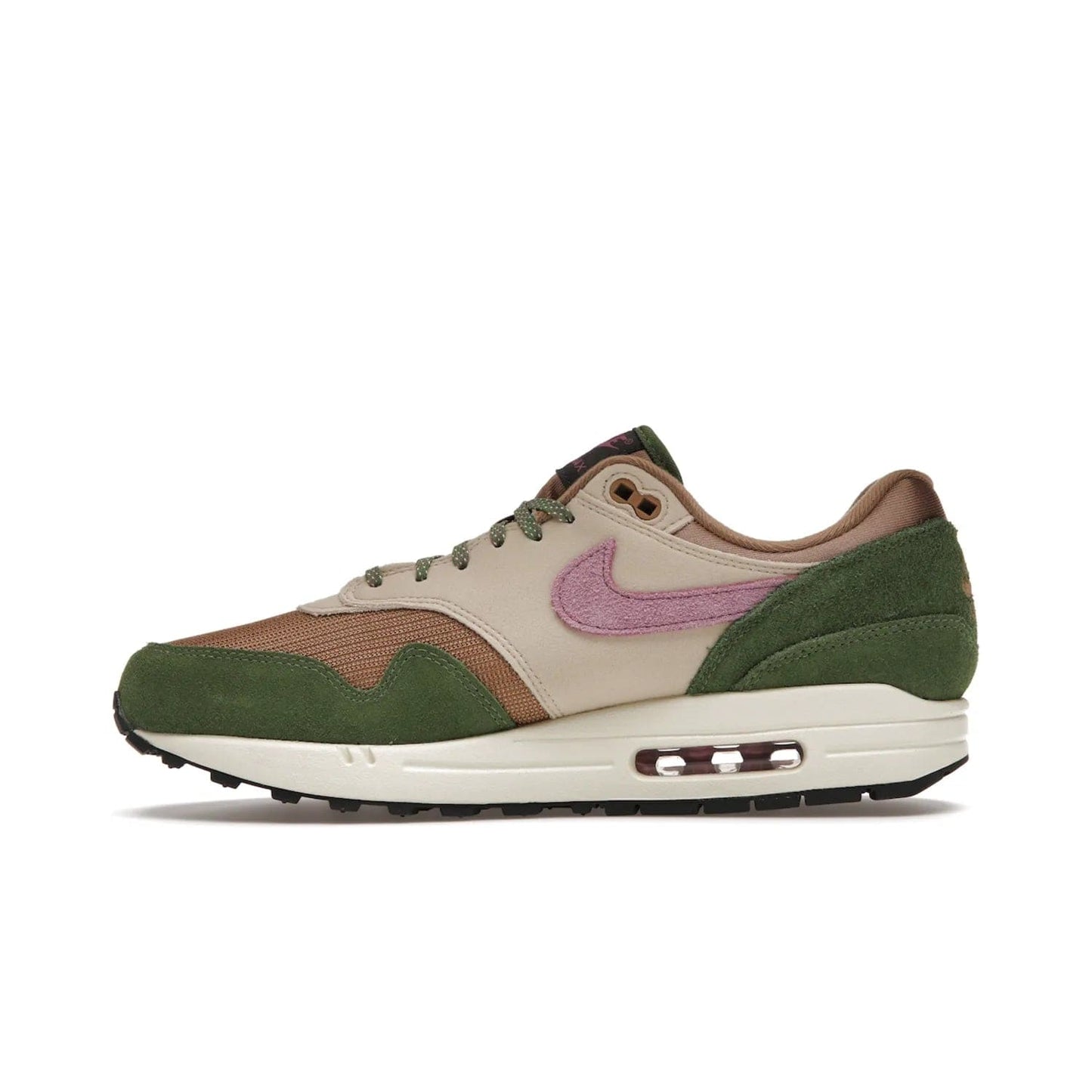 Nike Air Max 1 SH Treeline - Image 19 - Only at www.BallersClubKickz.com - A classic Nike Air Max 1 SH Treeline with a brown mesh upper, taupe Durabuck overlays, and hairy green suede details. Light Bordeaux Swoosh and woven tongue label for a pop of color. Released in May 2022. Perfect for any outfit and sure to impress.