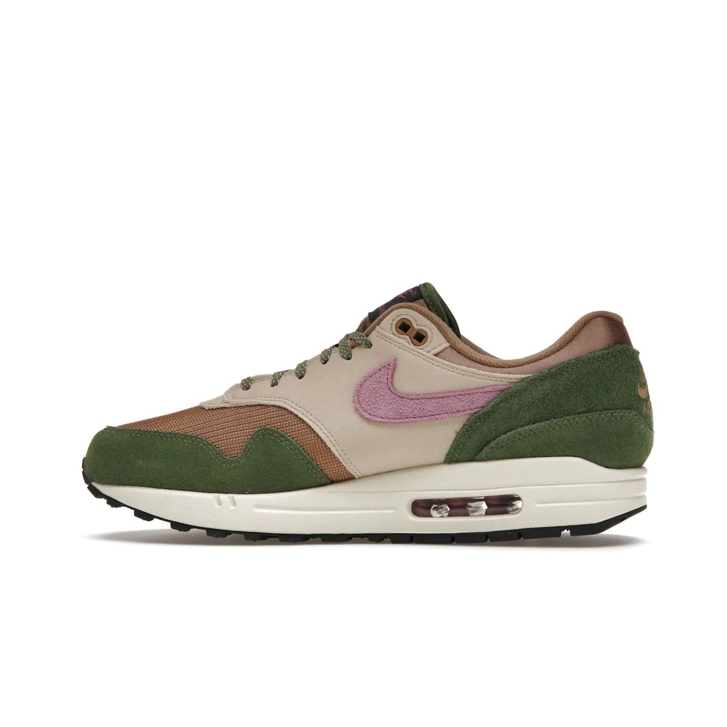 Nike Air Max 1 SH Treeline - Image 20 - Only at www.BallersClubKickz.com - A classic Nike Air Max 1 SH Treeline with a brown mesh upper, taupe Durabuck overlays, and hairy green suede details. Light Bordeaux Swoosh and woven tongue label for a pop of color. Released in May 2022. Perfect for any outfit and sure to impress.