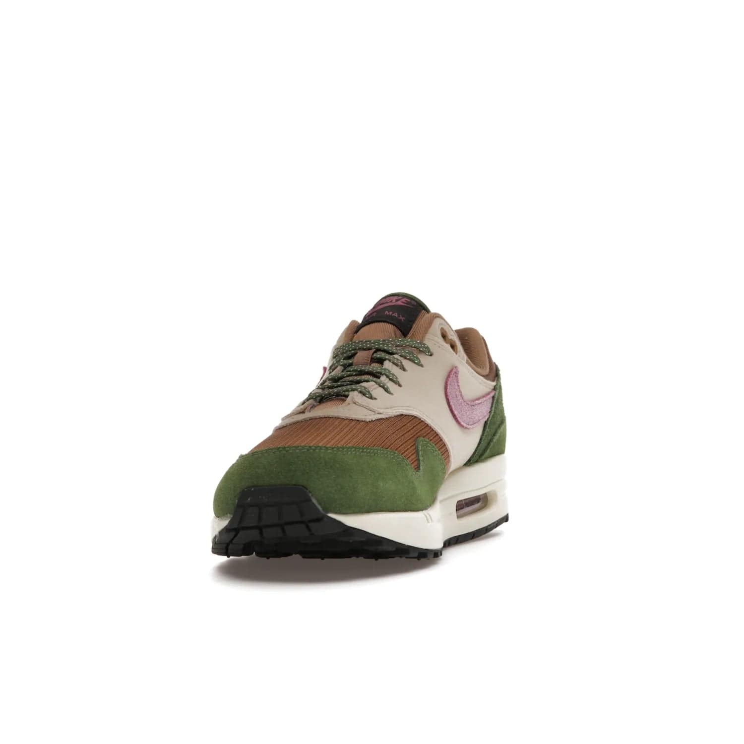 Nike Air Max 1 SH Treeline - Image 12 - Only at www.BallersClubKickz.com - A classic Nike Air Max 1 SH Treeline with a brown mesh upper, taupe Durabuck overlays, and hairy green suede details. Light Bordeaux Swoosh and woven tongue label for a pop of color. Released in May 2022. Perfect for any outfit and sure to impress.