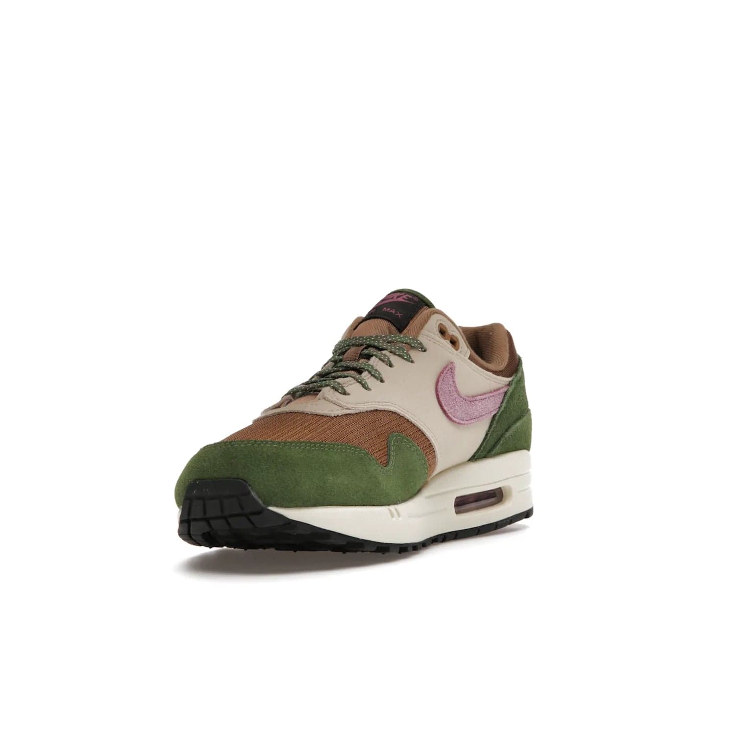 Nike Air Max 1 SH Treeline - Image 13 - Only at www.BallersClubKickz.com - A classic Nike Air Max 1 SH Treeline with a brown mesh upper, taupe Durabuck overlays, and hairy green suede details. Light Bordeaux Swoosh and woven tongue label for a pop of color. Released in May 2022. Perfect for any outfit and sure to impress.