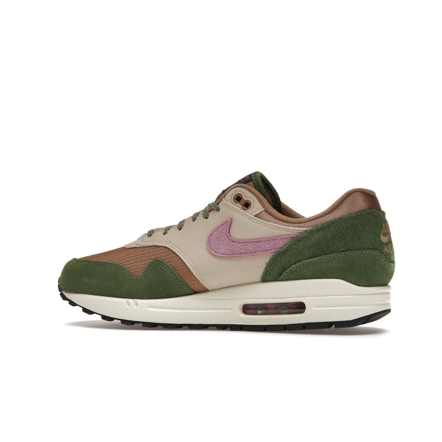 Nike Air Max 1 SH Treeline - Image 21 - Only at www.BallersClubKickz.com - A classic Nike Air Max 1 SH Treeline with a brown mesh upper, taupe Durabuck overlays, and hairy green suede details. Light Bordeaux Swoosh and woven tongue label for a pop of color. Released in May 2022. Perfect for any outfit and sure to impress.